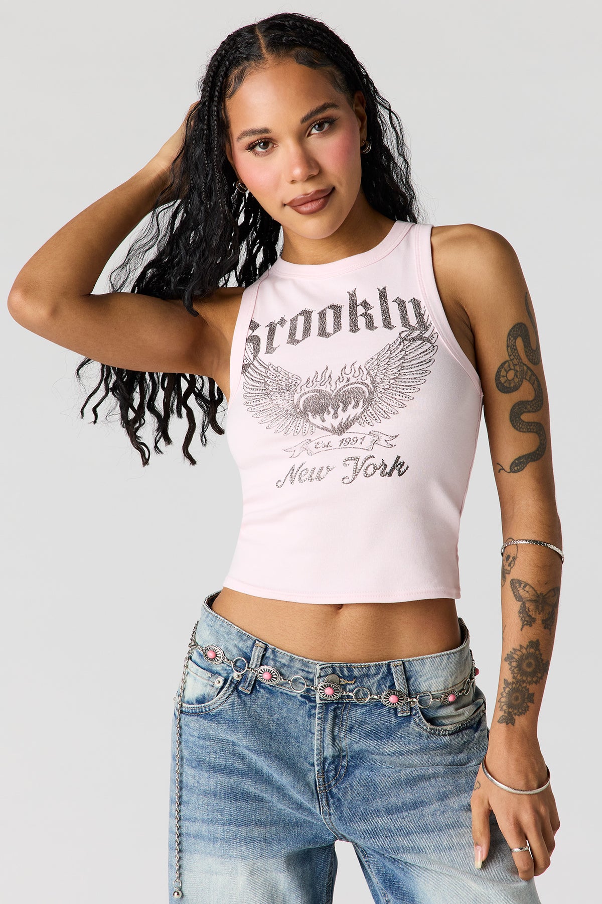 Rhinestone Ribbed Tank - Light Pink