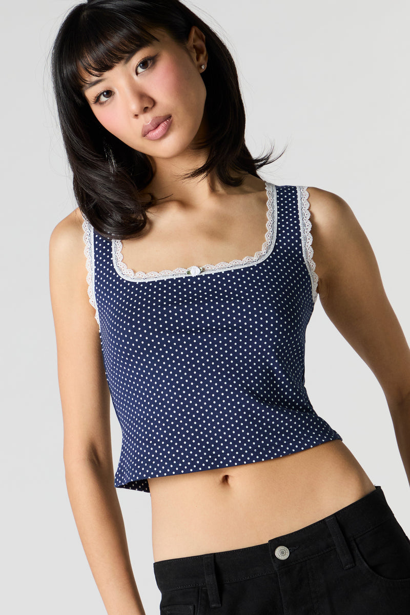 Square Neck Lace Trim Rosette Tank