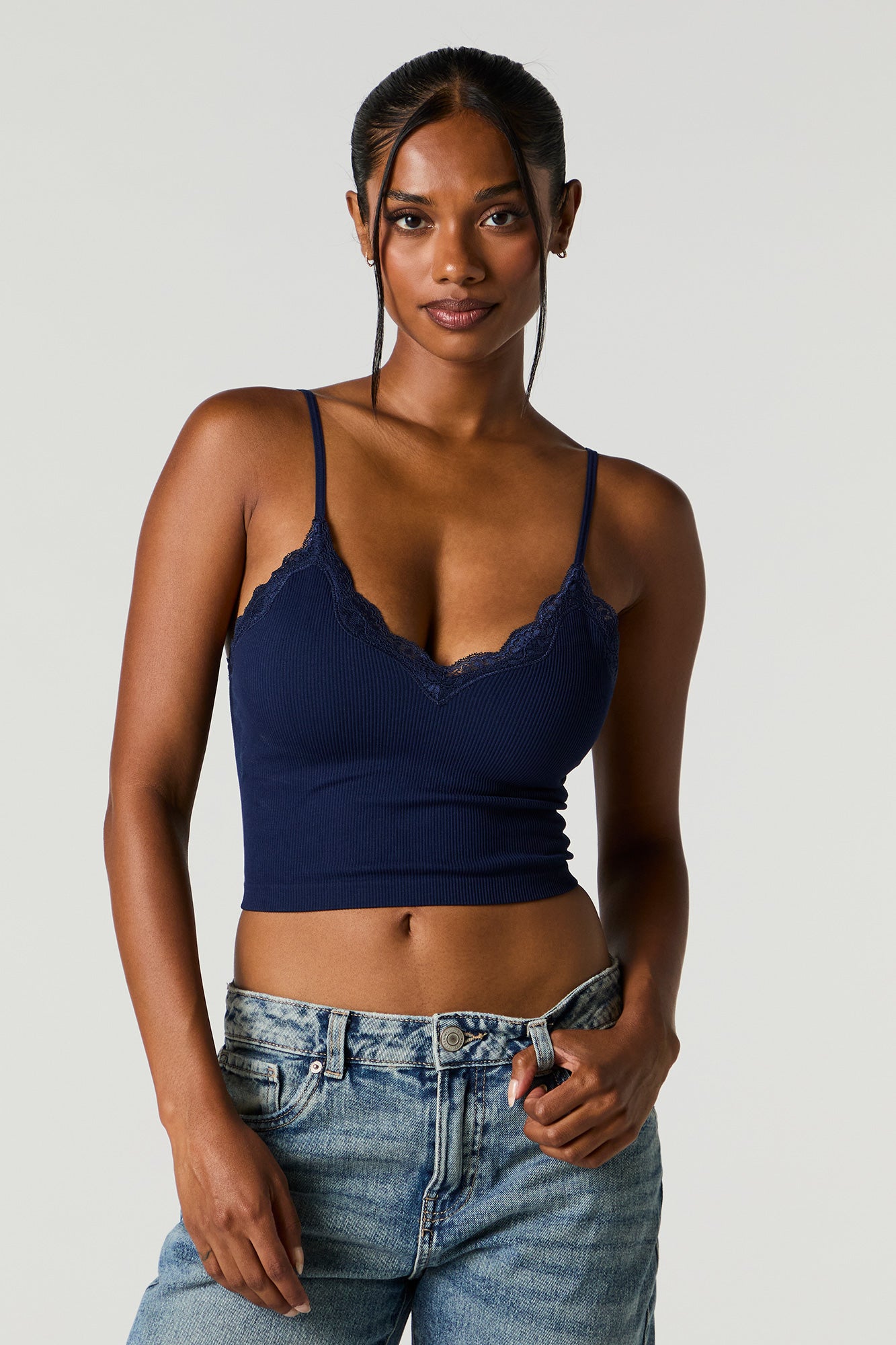 Seamless Ribbed Lace Trim Cami with Built-In Bra Cups