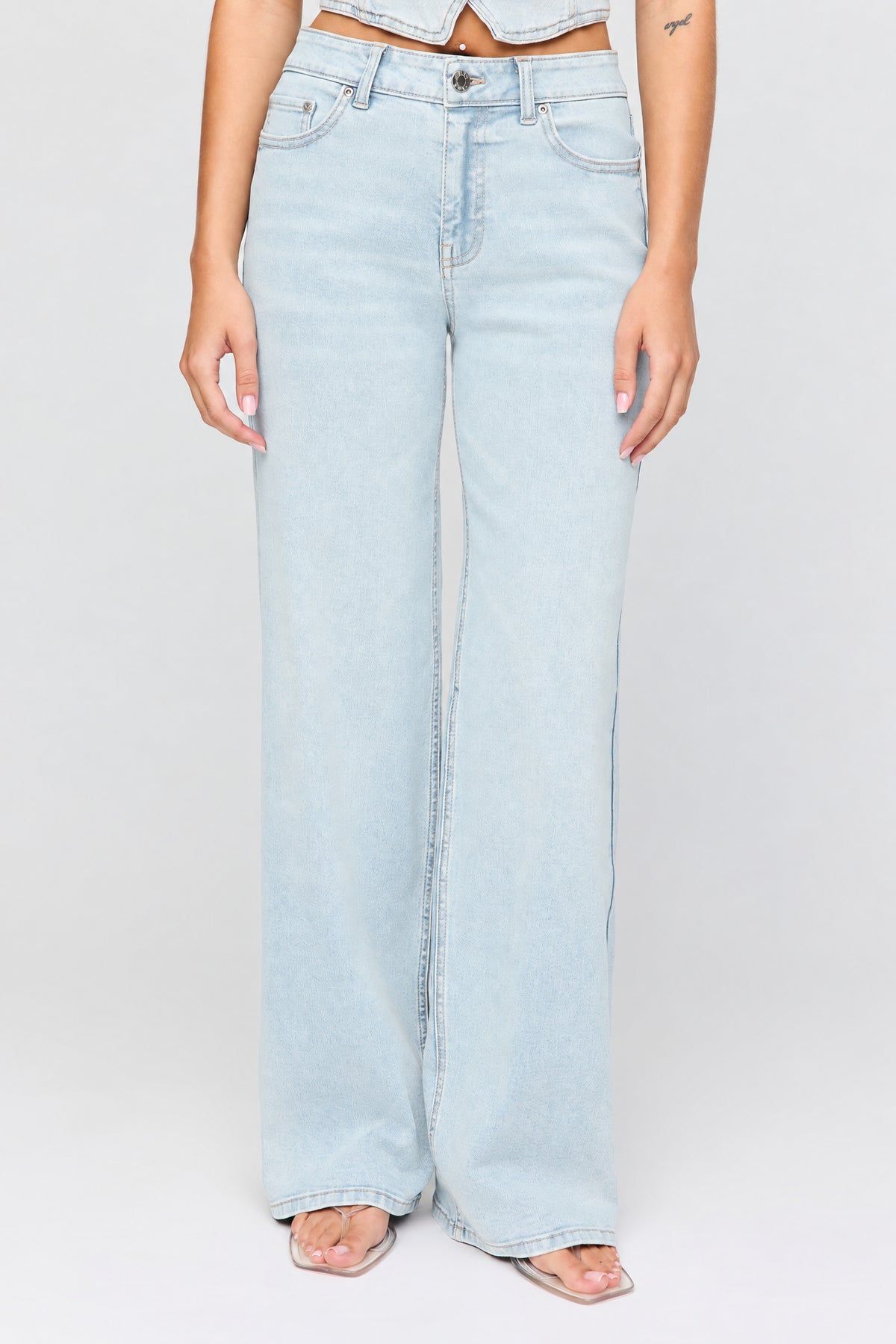 Alt View 2. Paris Stretch High Rise Wide Leg Light Jean - Light Denim Blue