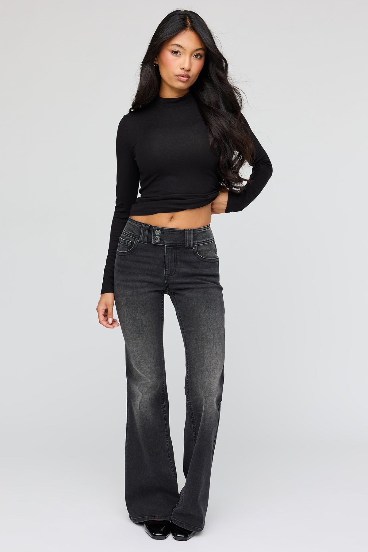 Stretch Mid Rise Flare Washed Black Jean - Black