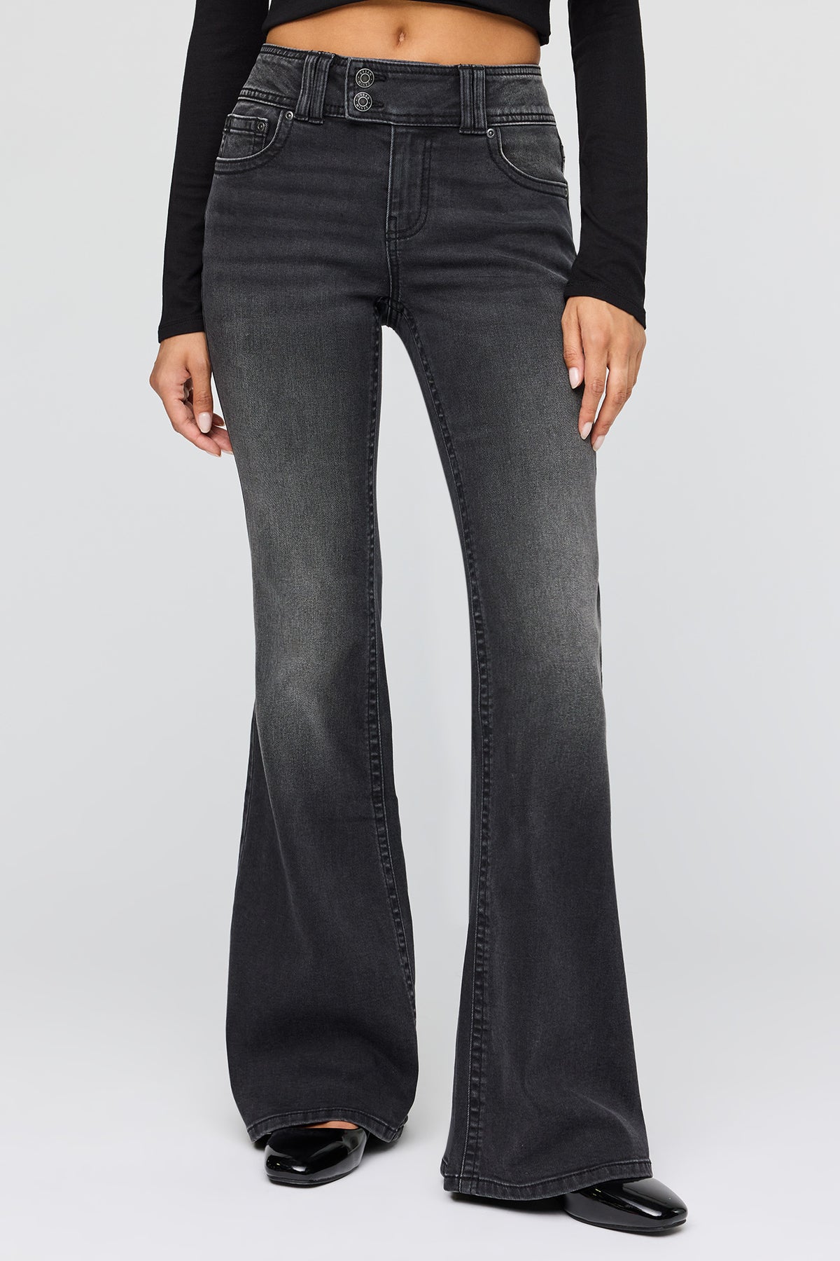 Alt View 2. Stretch Mid Rise Flare Washed Black Jean - Black