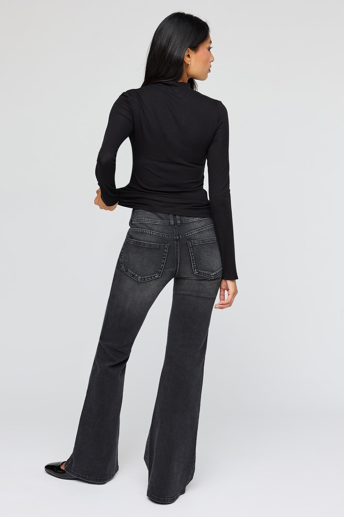 Alt View 3. Stretch Mid Rise Flare Washed Black Jean - Black