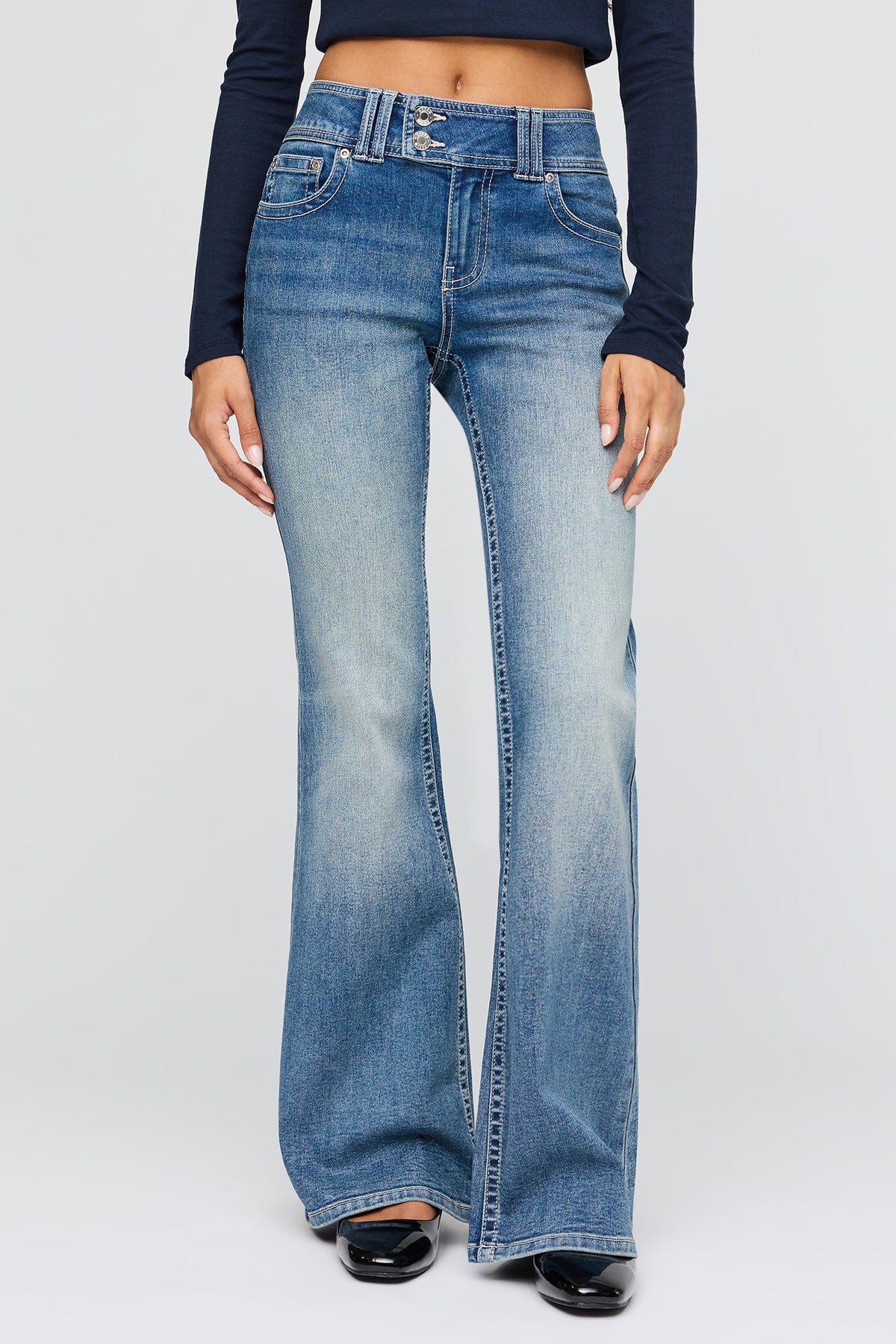Alt View 2. Stretch Mid Rise Flare Washed Dark Jean - Midnight Blue