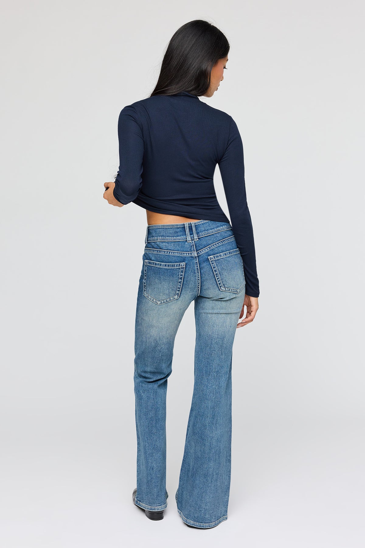 Alt View 3. Stretch Mid Rise Flare Washed Dark Jean - Midnight Blue