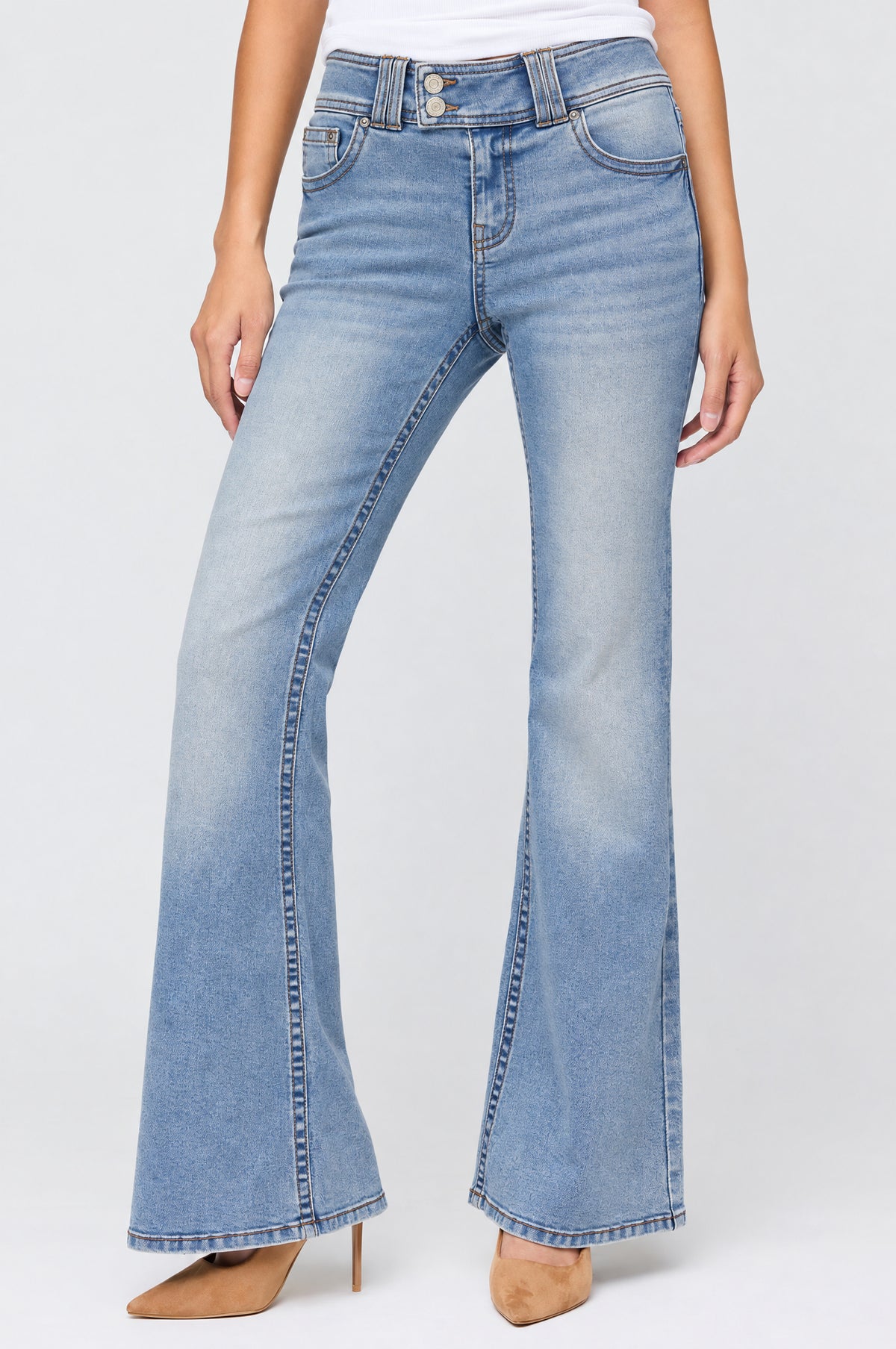 Alt View 2. Stretch Mid Rise Flare Light Jean - Medium Blue