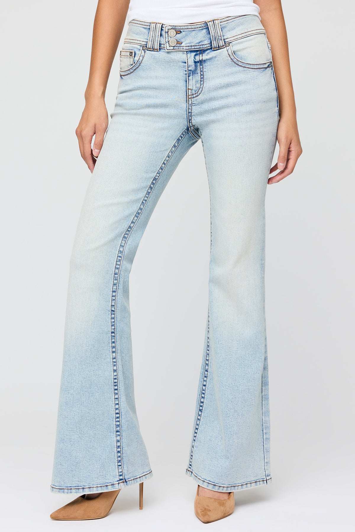 Alt View 2. Stretch Mid Rise Flare Light Jean - Light Denim Blue