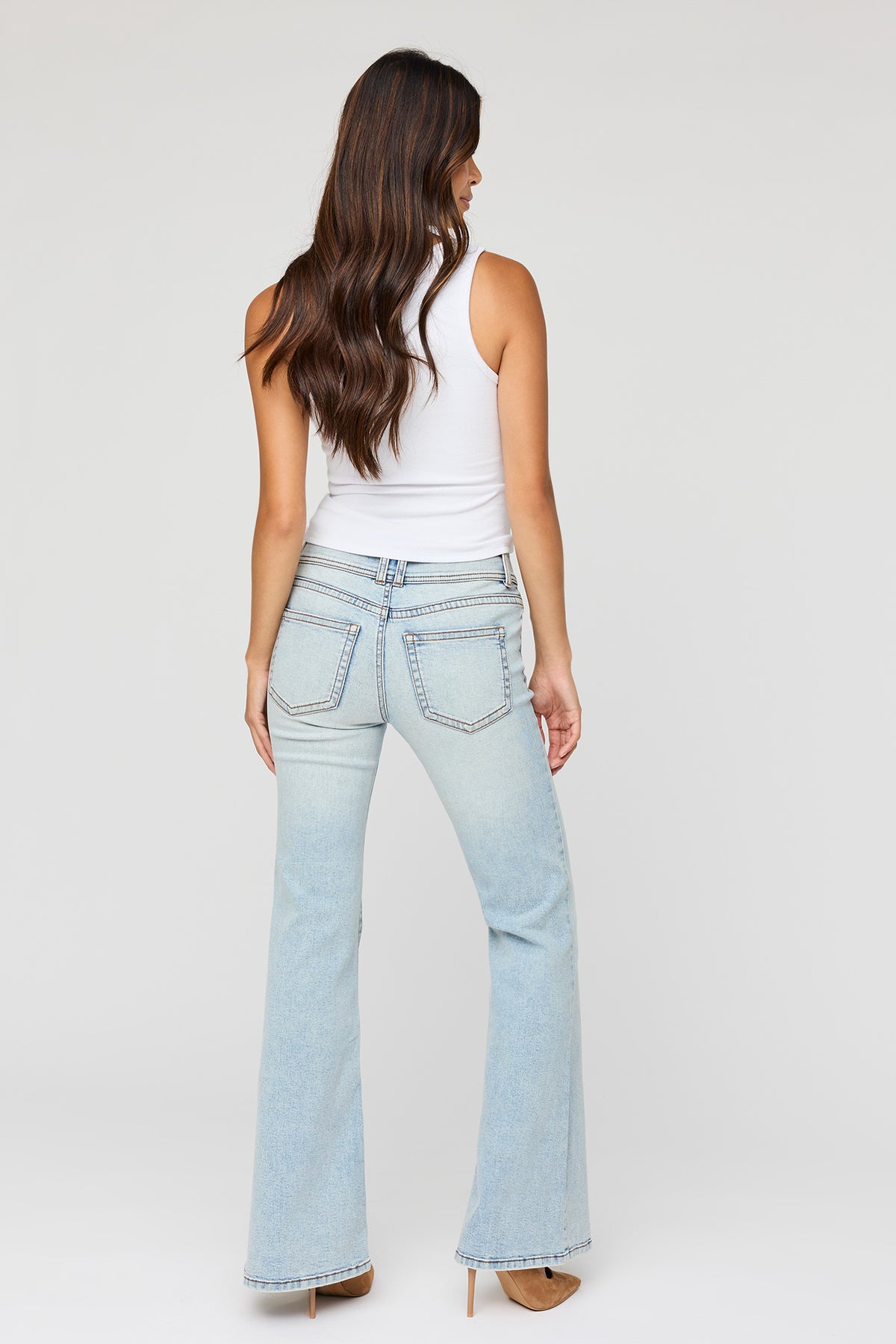 Alt View 3. Stretch Mid Rise Flare Light Jean - Light Denim Blue