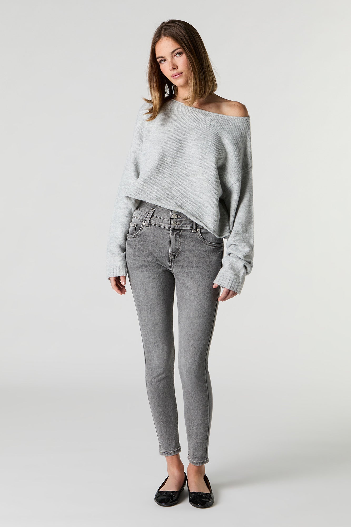 Grey Wash Stacked Waist Stretchy Skinny Jean