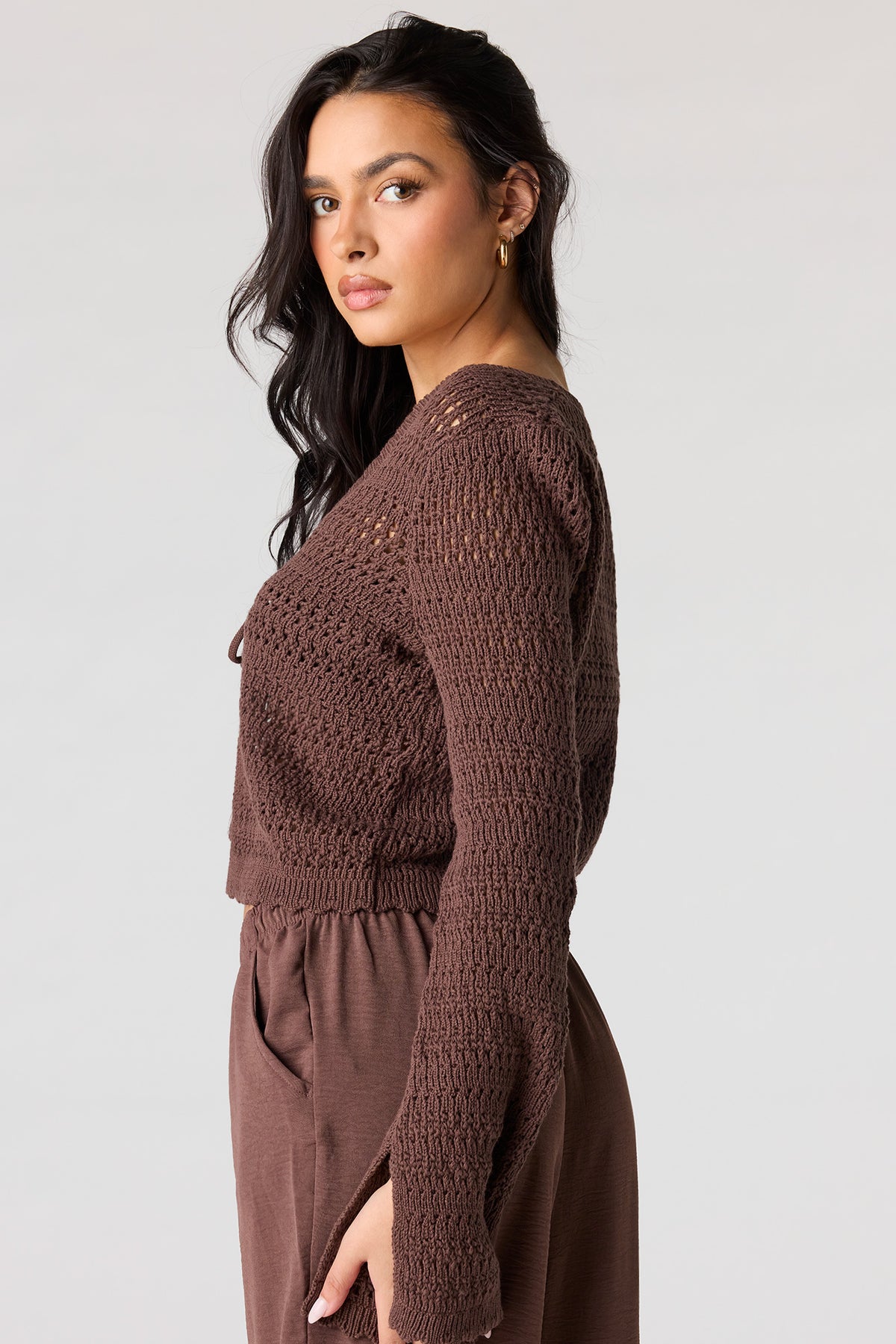 Alt View 2. Crochet Tie-Front Swim Cover Up Top - Brown