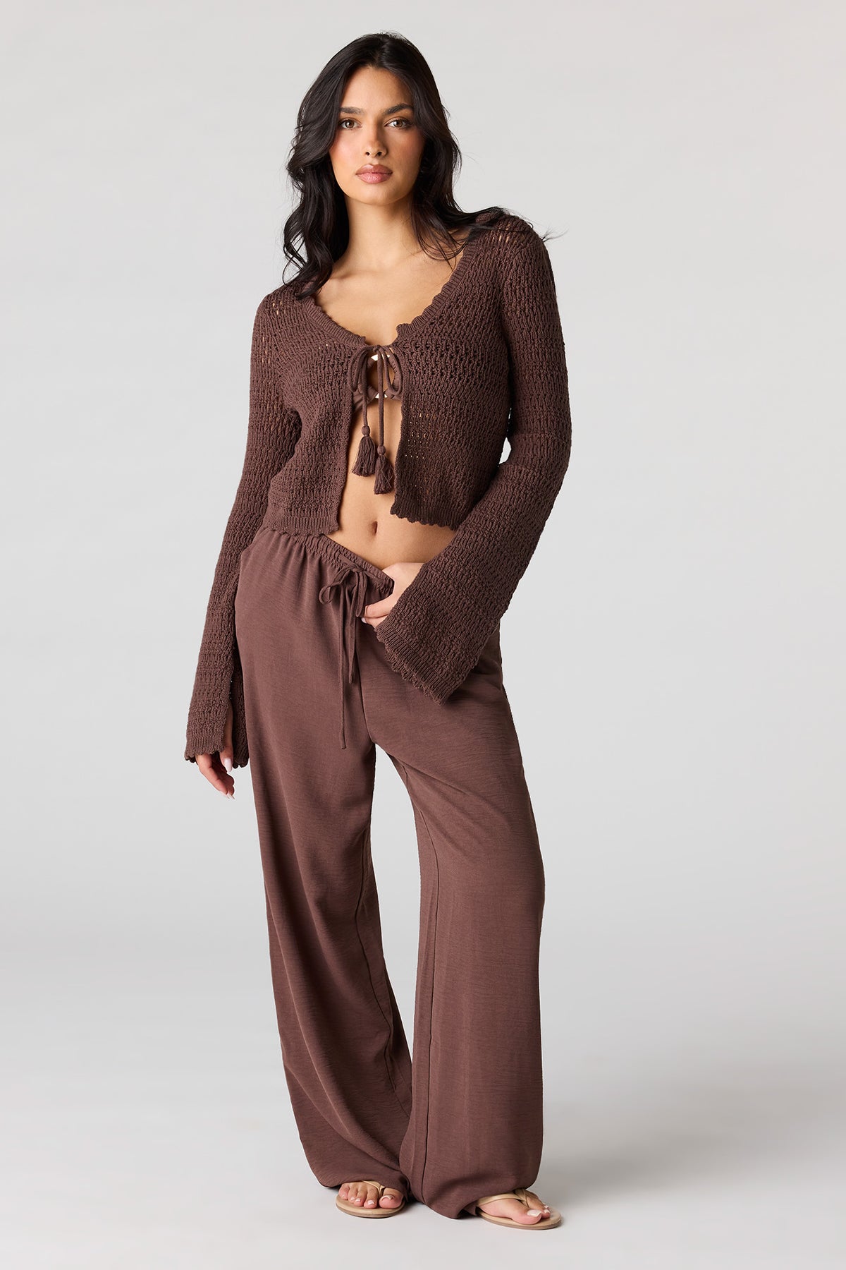 Alt View 3. Crochet Tie-Front Swim Cover Up Top - Brown