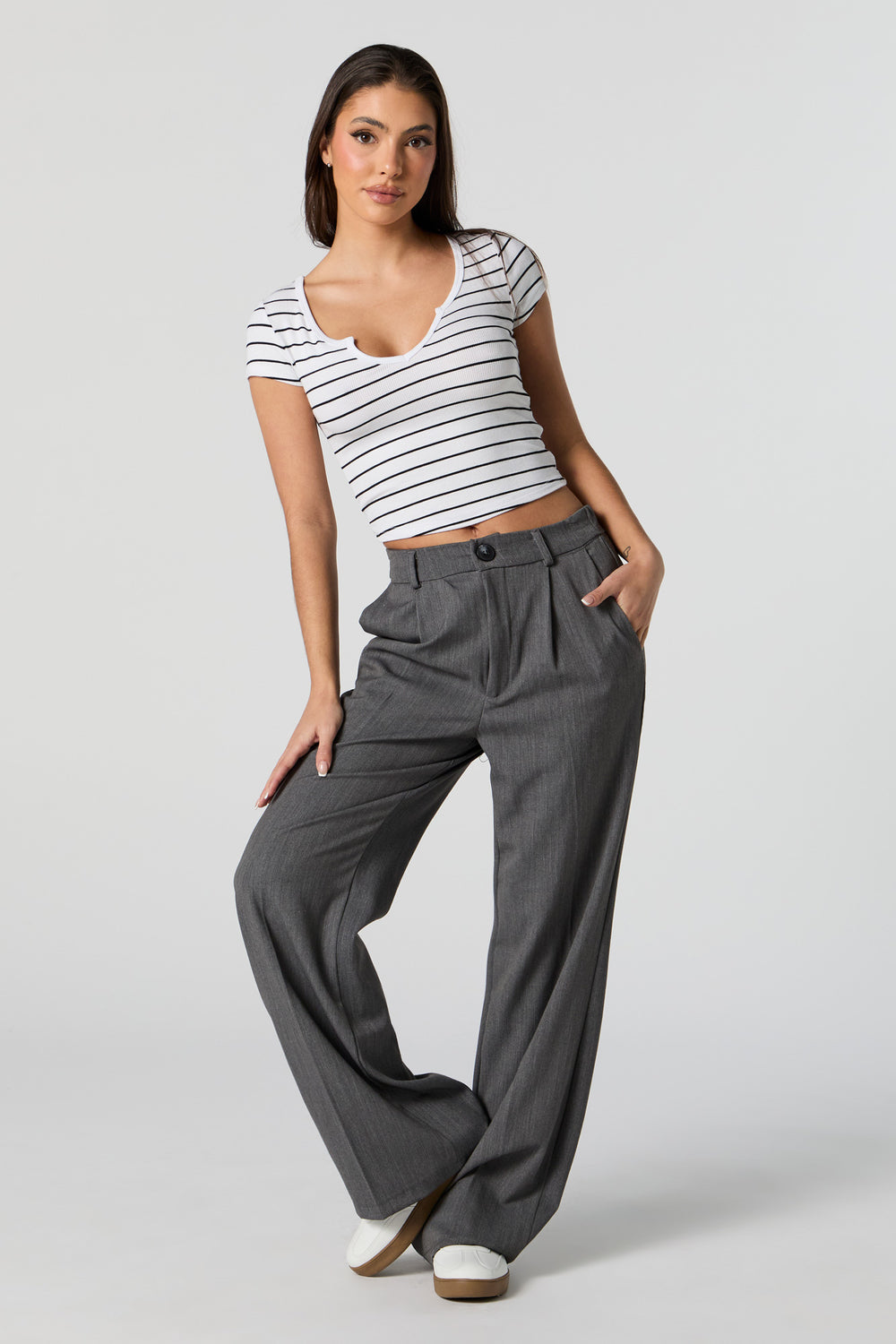 Striped Ribbed Notched Cropped T-Shirt Striped Ribbed Notched Cropped T-Shirt 3