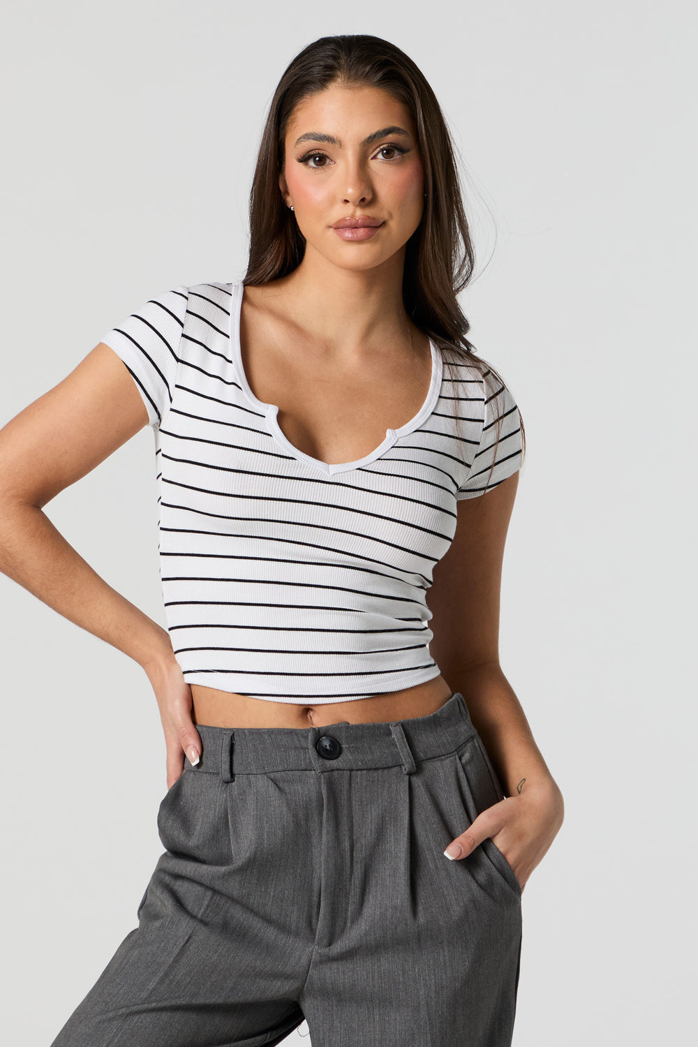 Striped Ribbed Notched Cropped T-Shirt Striped Ribbed Notched Cropped T-Shirt 1