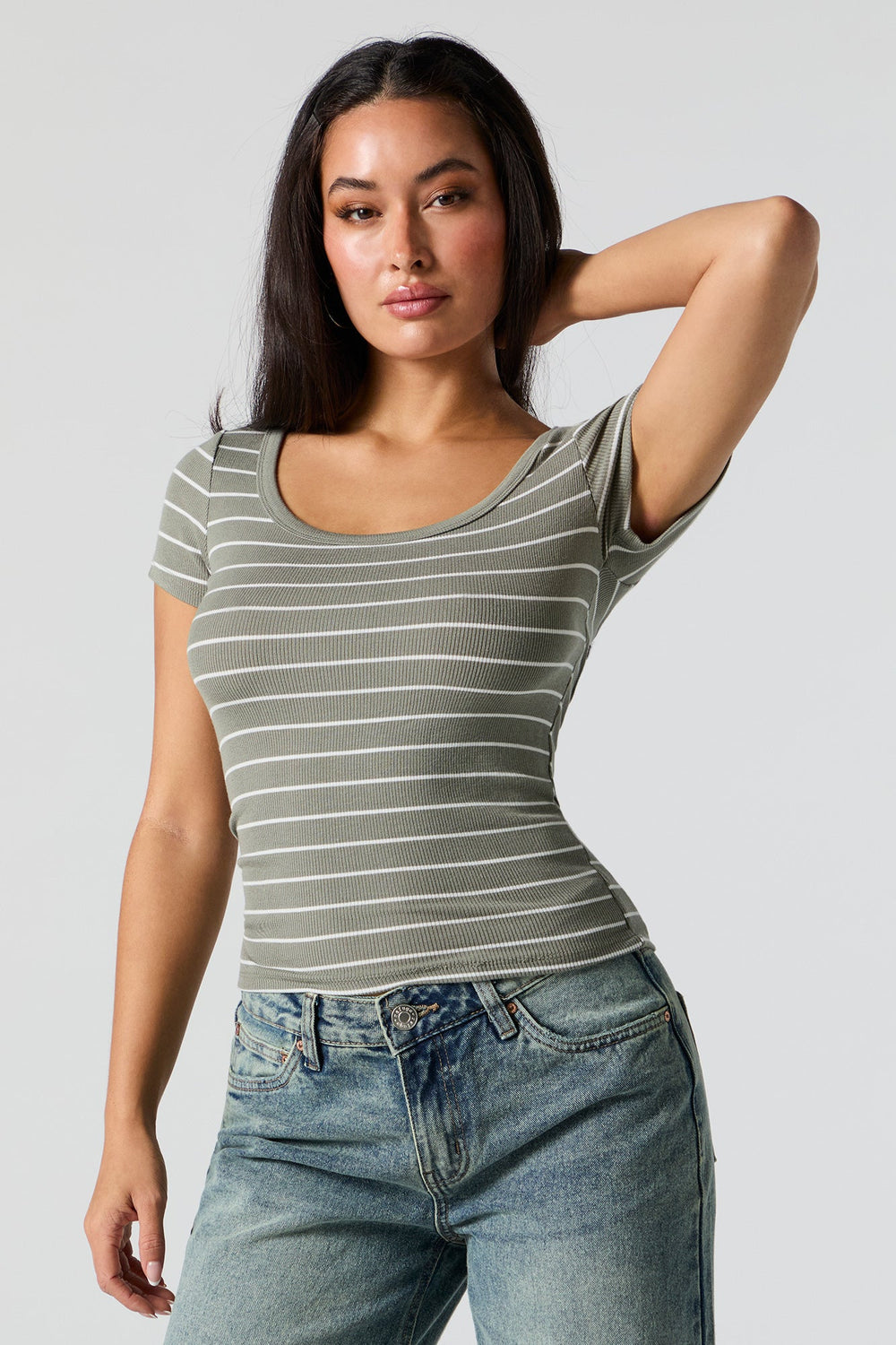 Green Ribbed Scoop Neck T-Shirt Green Ribbed Scoop Neck T-Shirt 1