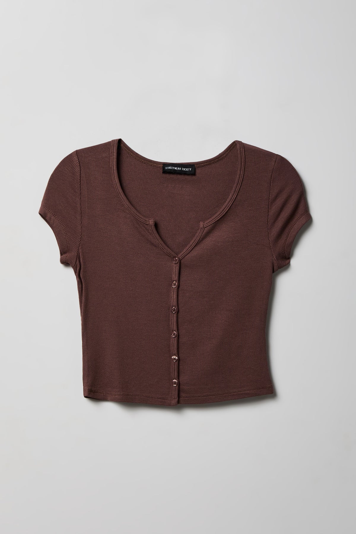 Alt View 4. Ribbed Scoop Neck Button-Up Top - Brown