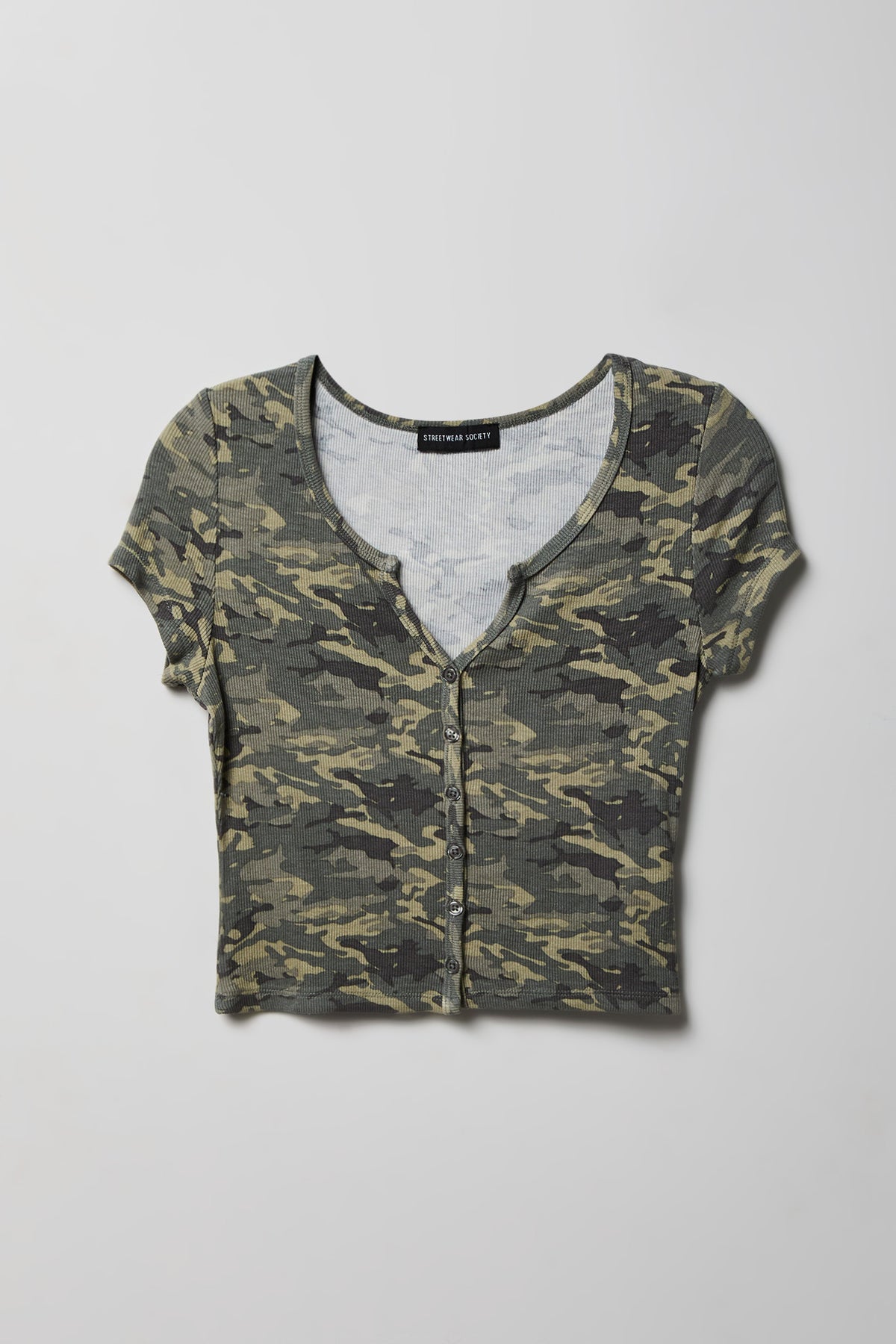 Alt View 4. Ribbed Scoop Neck Button-Up Top - Camouflage