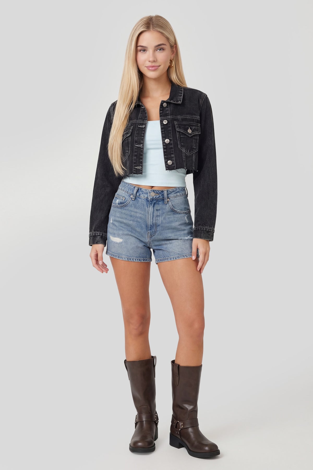 Alt View 3. Ripped Cropped Denim Jacket - Black