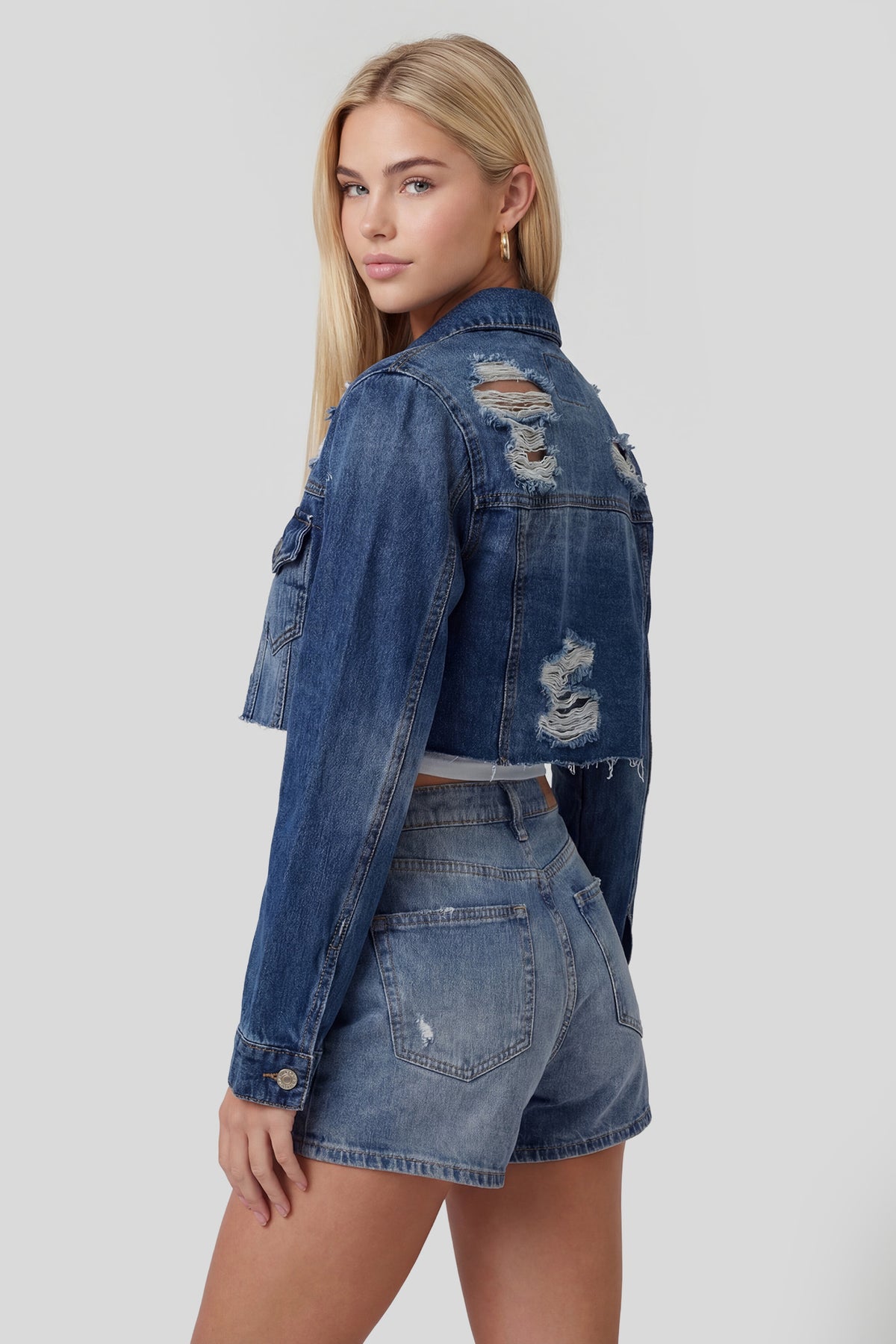 Alt View 2. Ripped Cropped Denim Jacket - Denim Blue