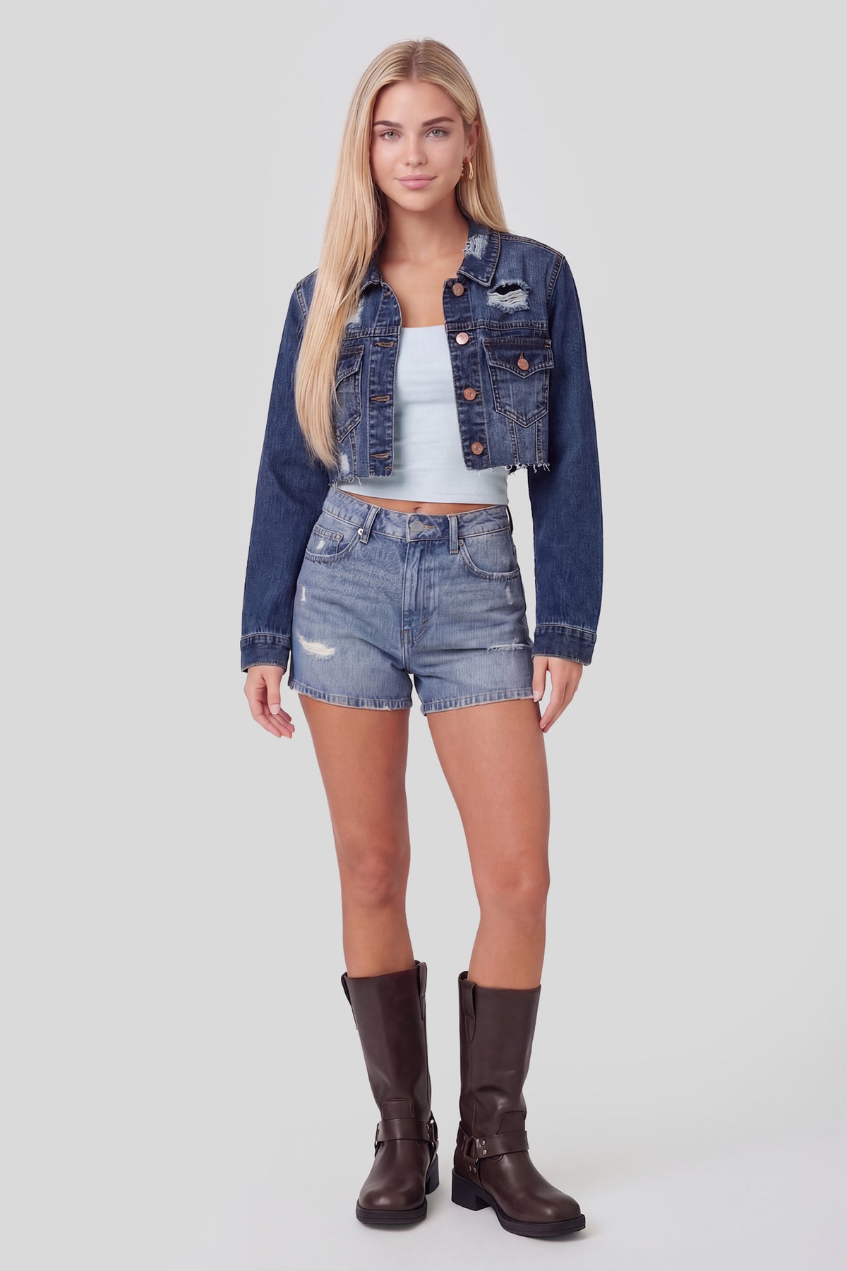 Alt View 3. Ripped Cropped Denim Jacket - Denim Blue