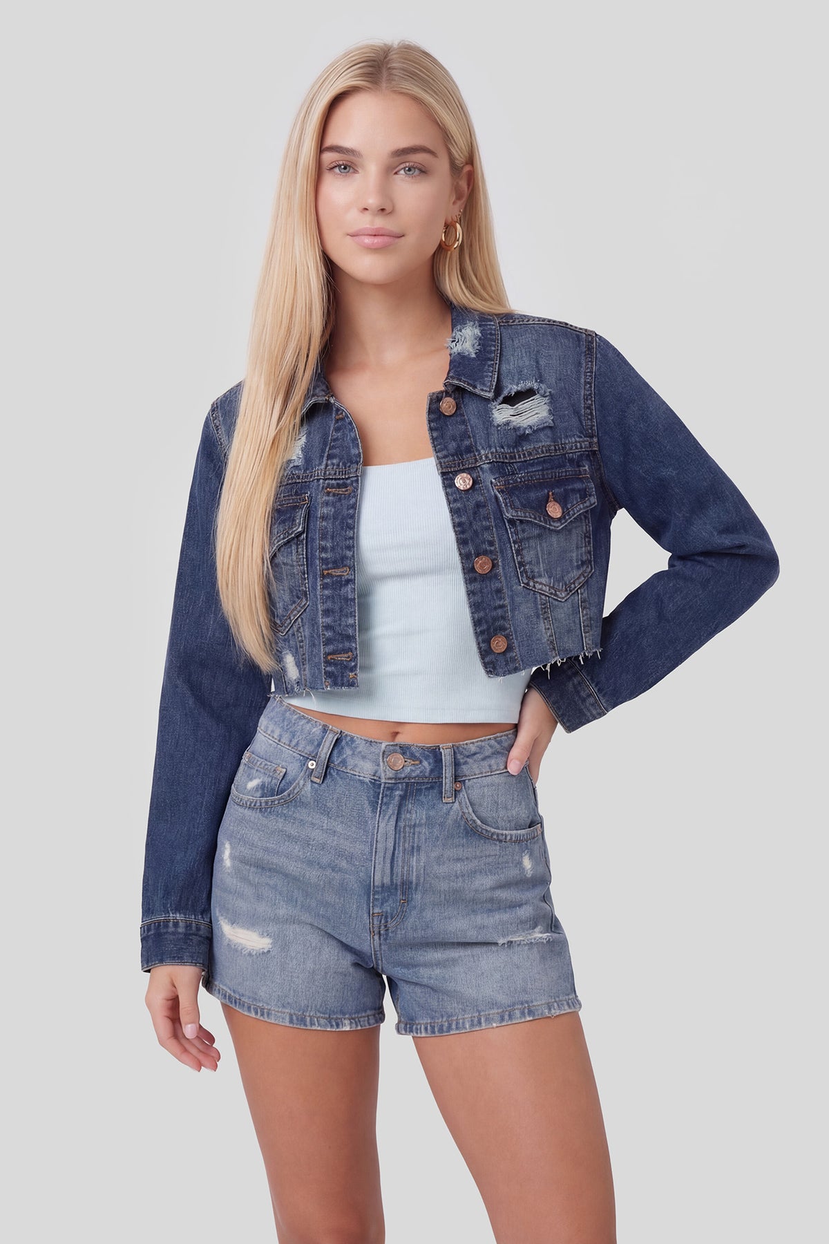 Ripped Cropped Denim Jacket - Denim Blue