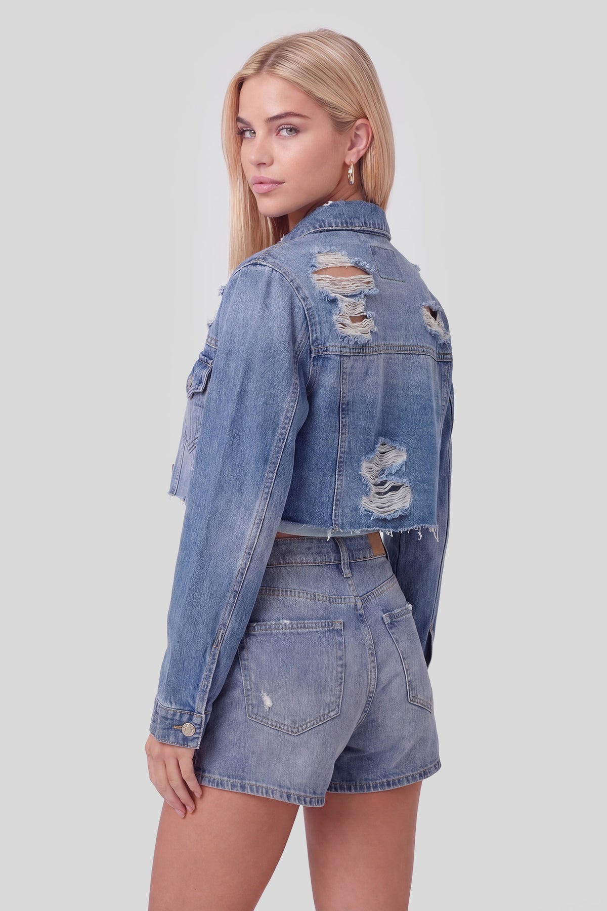 Alt View 2. Ripped Cropped Denim Jacket - Medium Blue