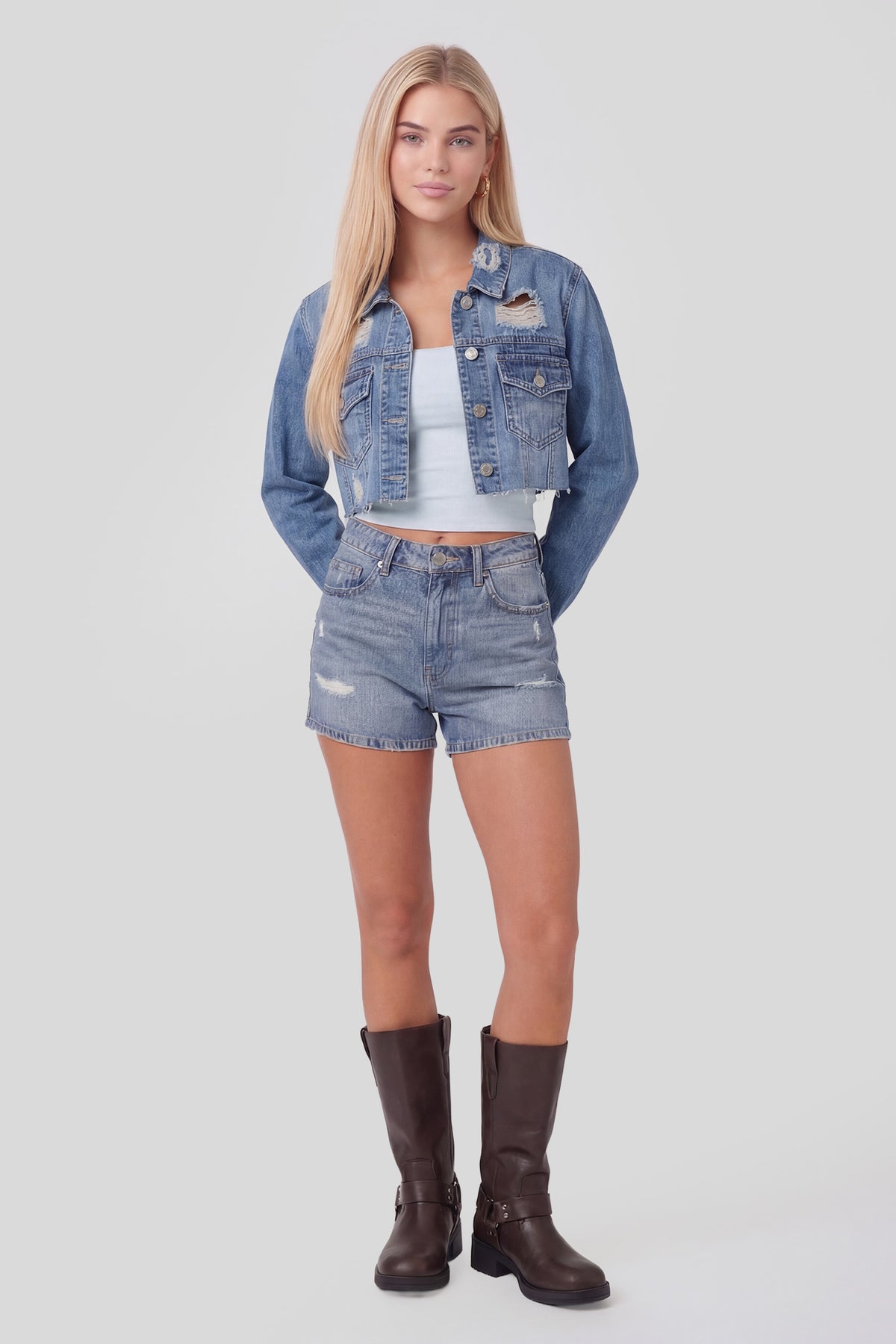 Alt View 3. Ripped Cropped Denim Jacket - Medium Blue