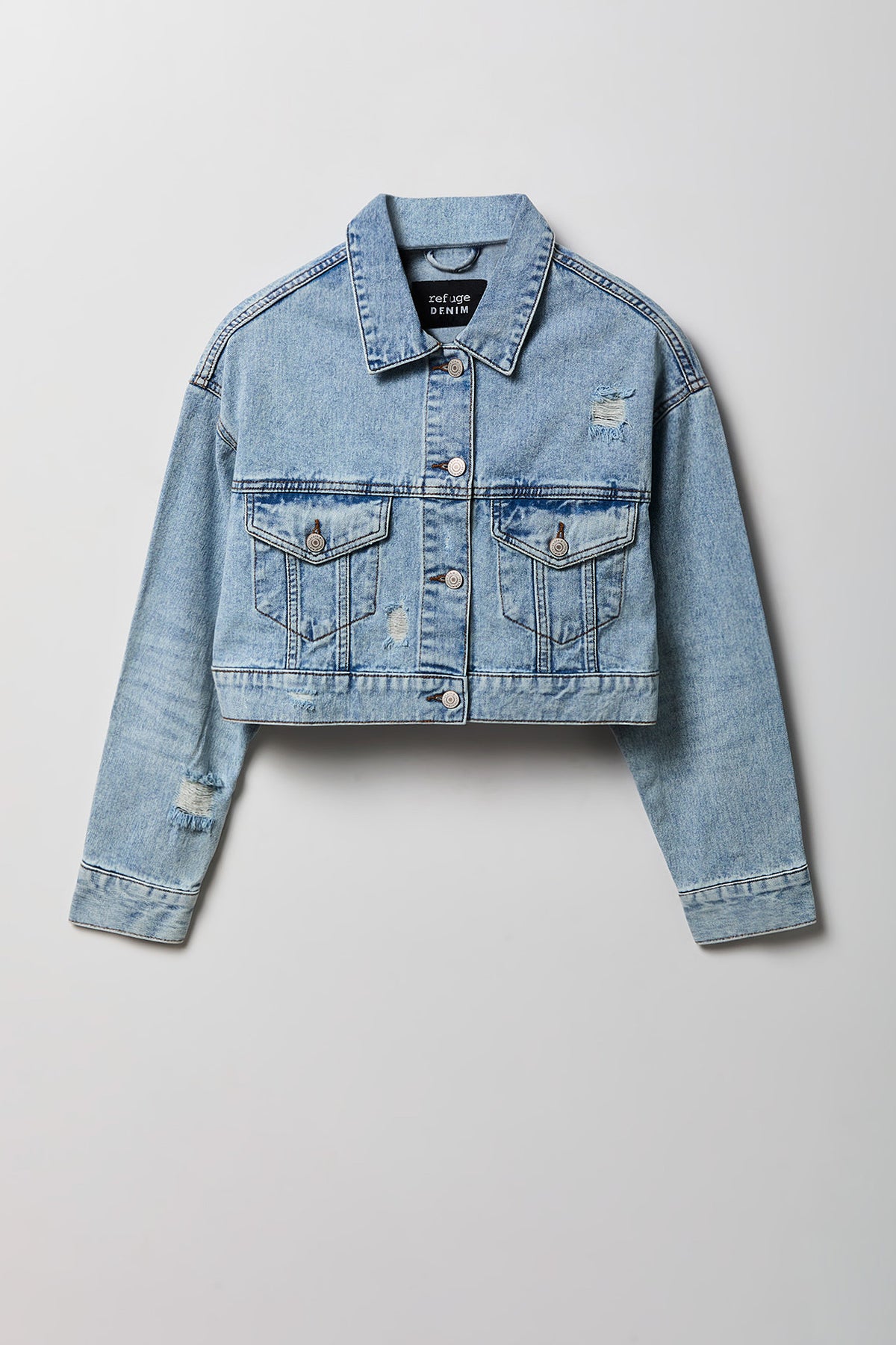 Alt View 4. Ripped Cropped Denim Jacket - Light Denim Blue