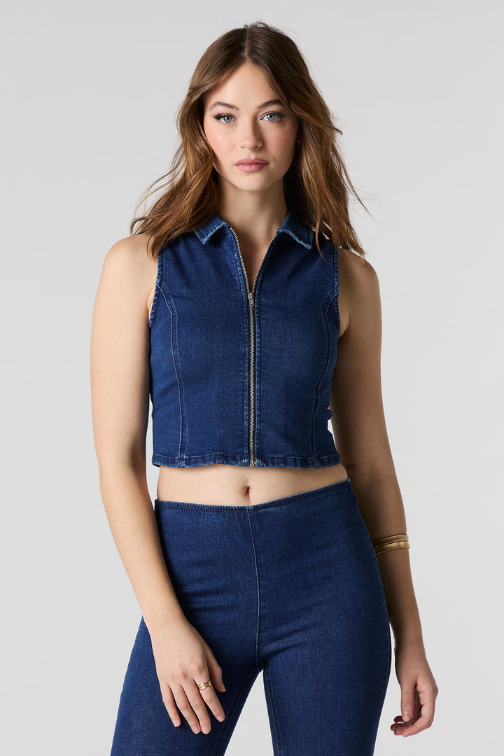 Denim Zip-Up Cropped Vest