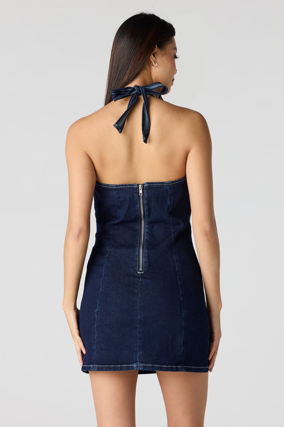 Alt View 2. Stretch Denim Halter Mini Dress - Rinse Denim
