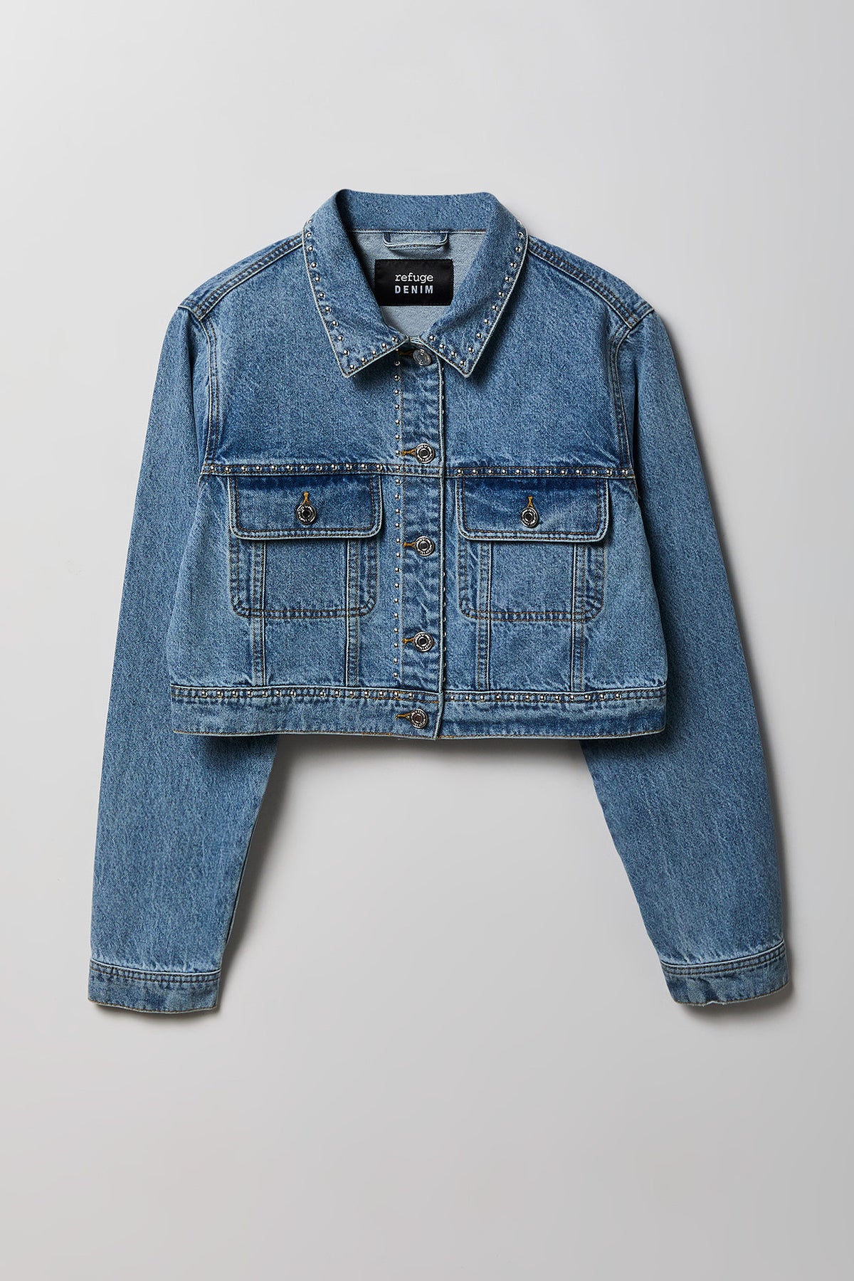 Alt View 4. Studded Cropped Denim Jacket - Pacific Blue