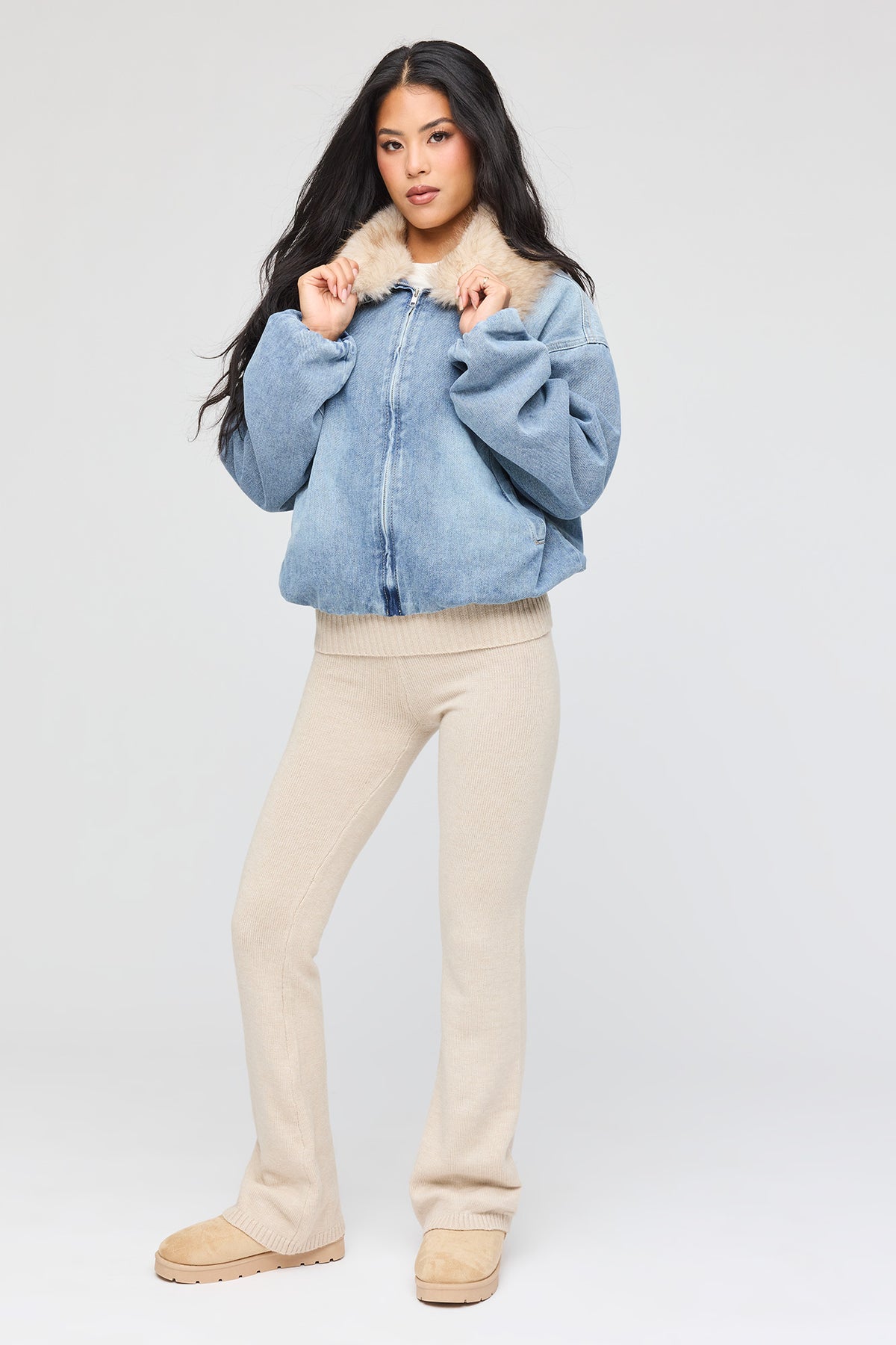 Alt View 3. Faux Fur Collared Denim Bomber Jacket - Light Denim Blue