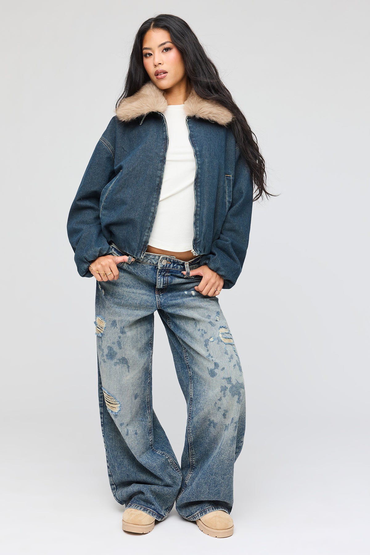 Alt View 3. Faux Fur Collared Denim Bomber Jacket - Midnight Blue