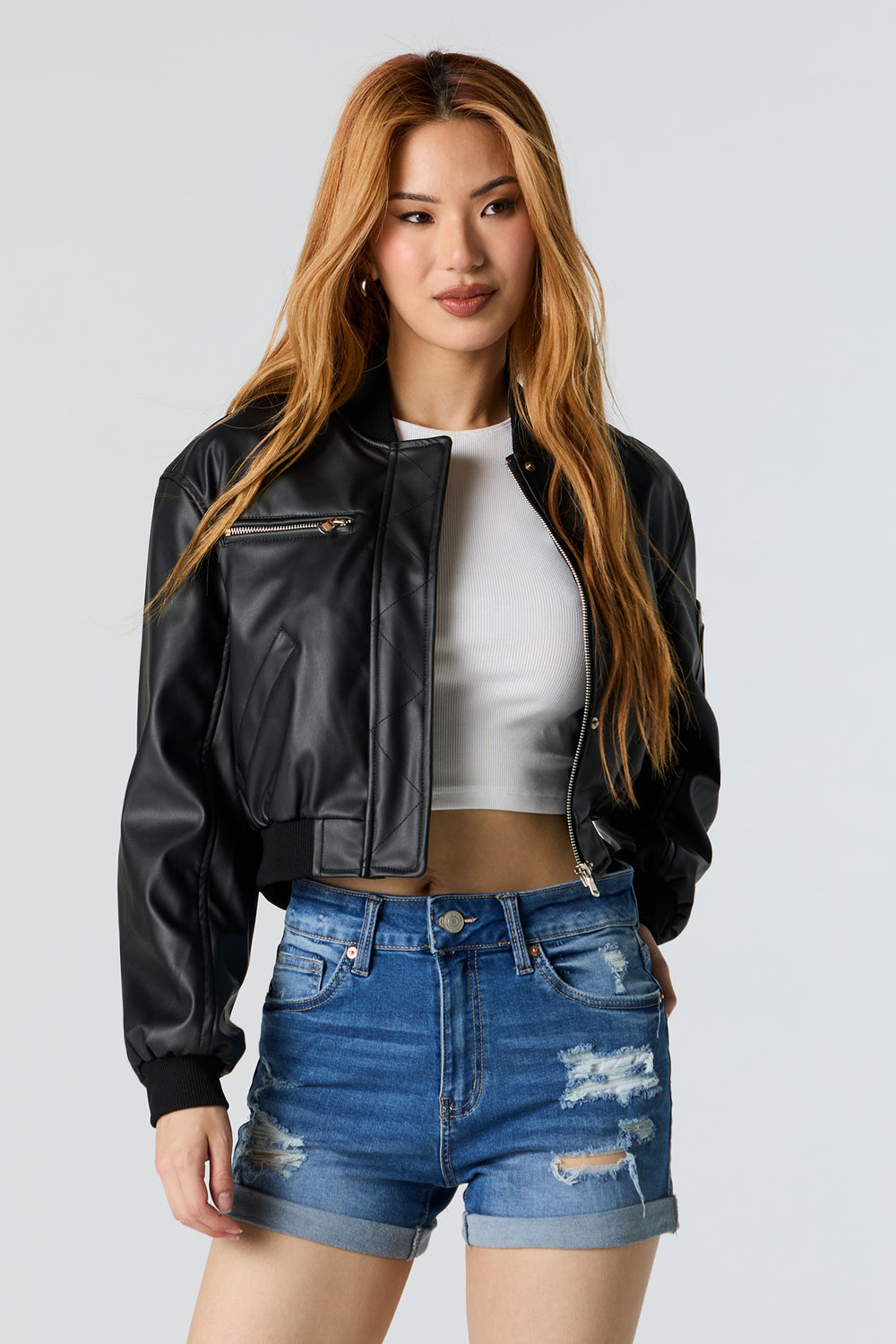 Faux Leather Cropped Bomber Jacket Faux Leather Cropped Bomber Jacket 1