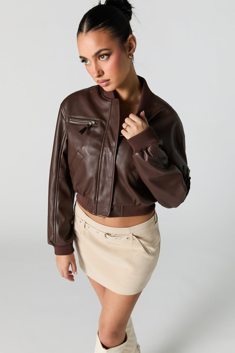 Faux Leather Cropped Bomber Jacket