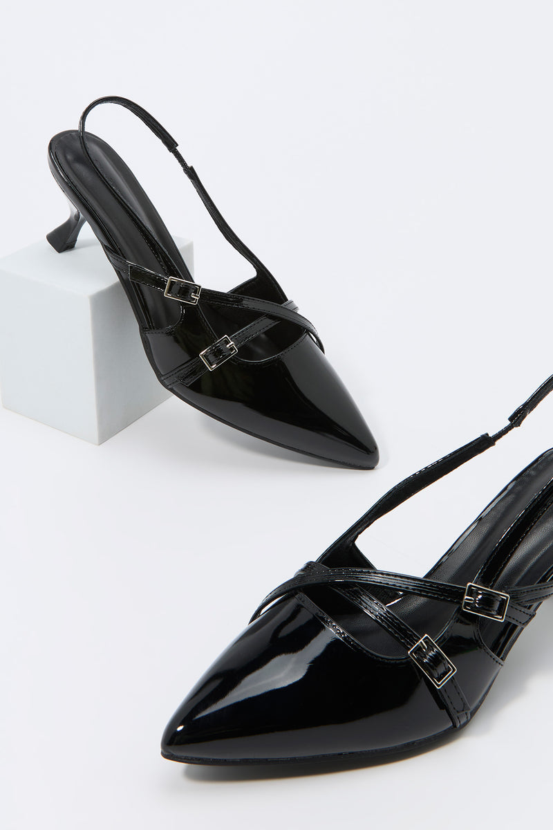 Faux Leather Buckled Kitten Heel