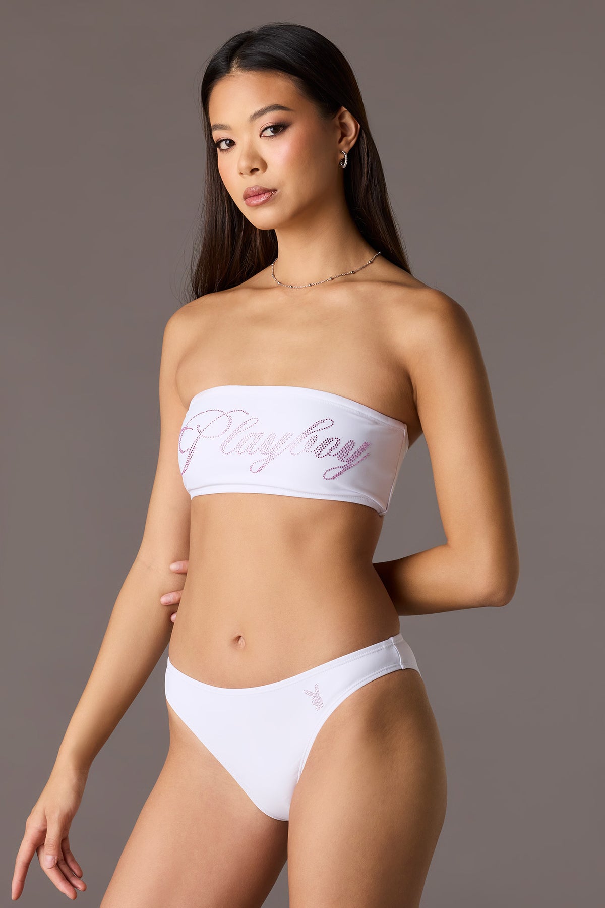 Alt View 2. Playboy Rhinestone Bandeau Swim Top - White