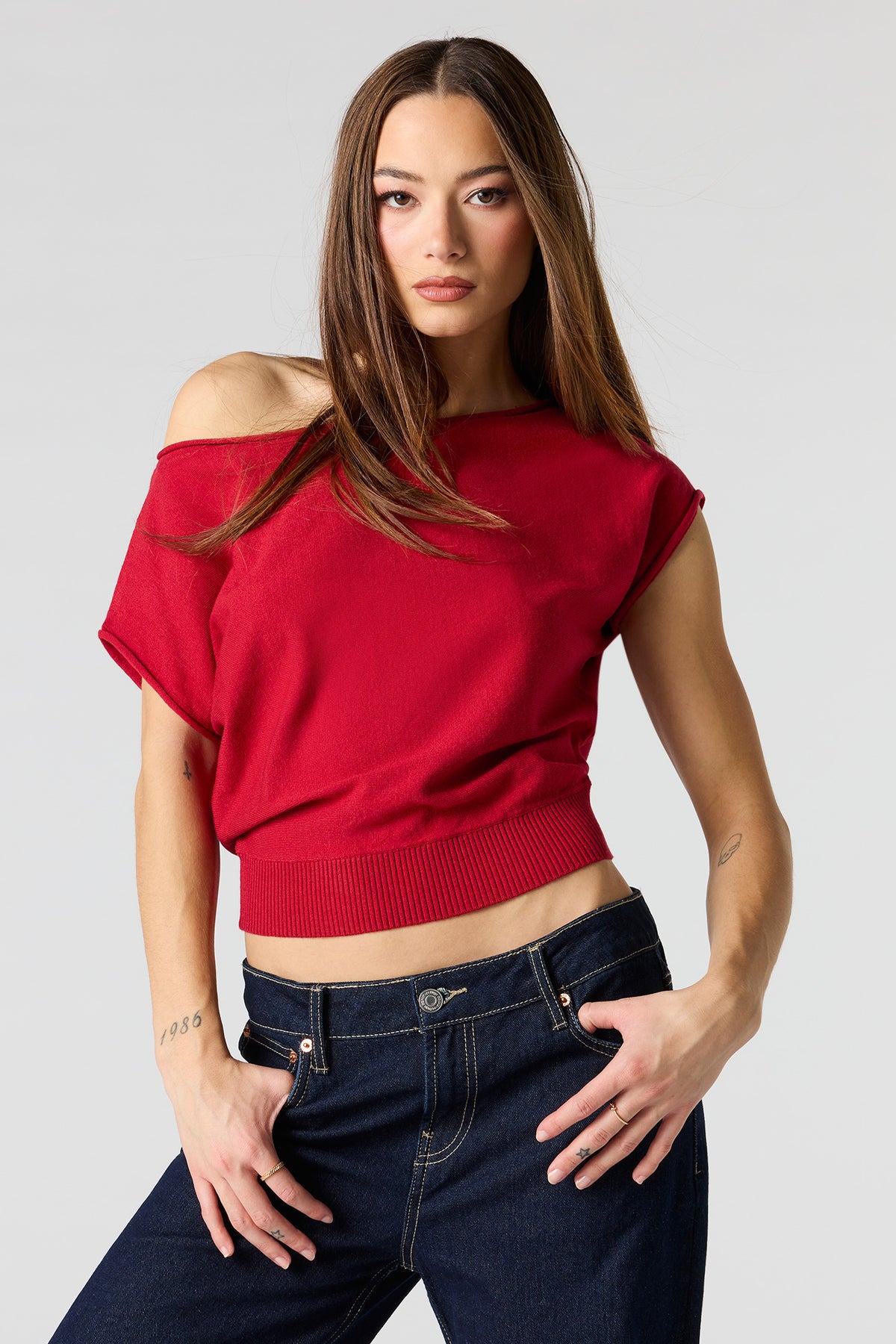 Dolman Short Sleeve Knit Top - Red