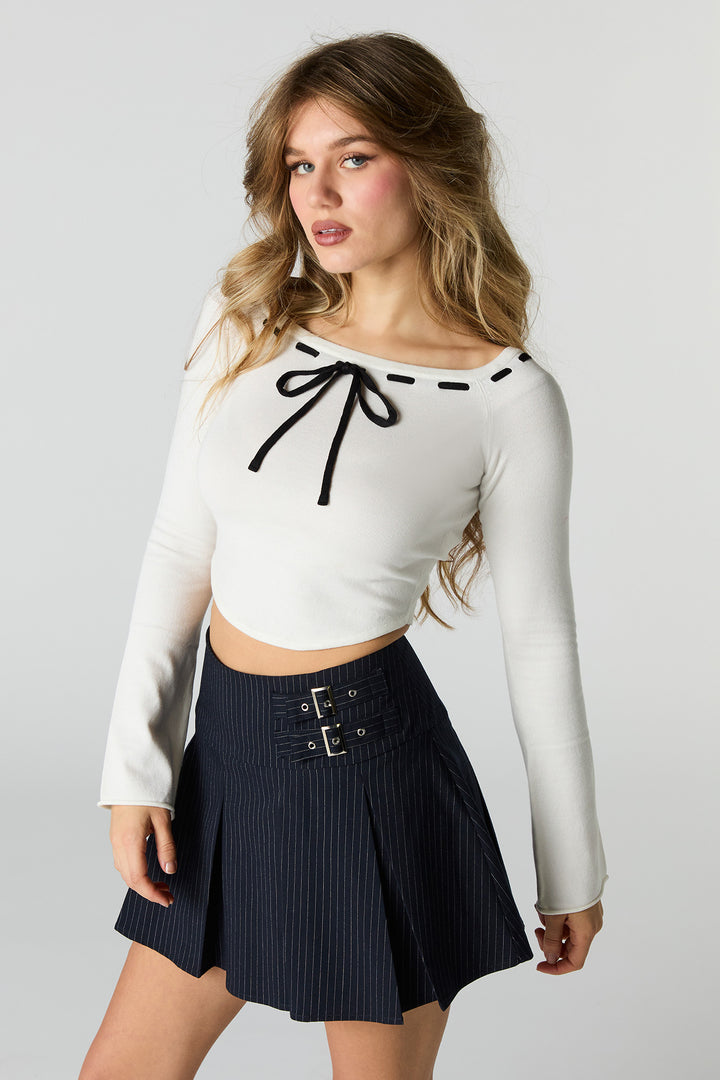 Contrast Stitch Boat Neck Crop Top