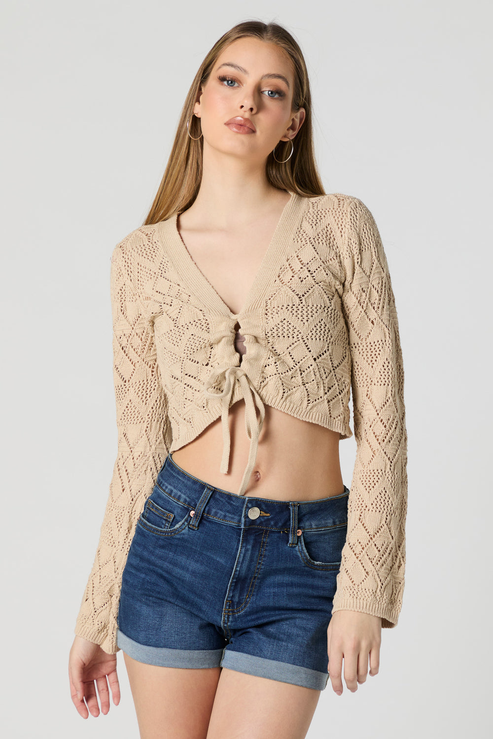 Crochet Front Tie Cropped Long Sleeve Top Crochet Front Tie Cropped Long Sleeve Top 4