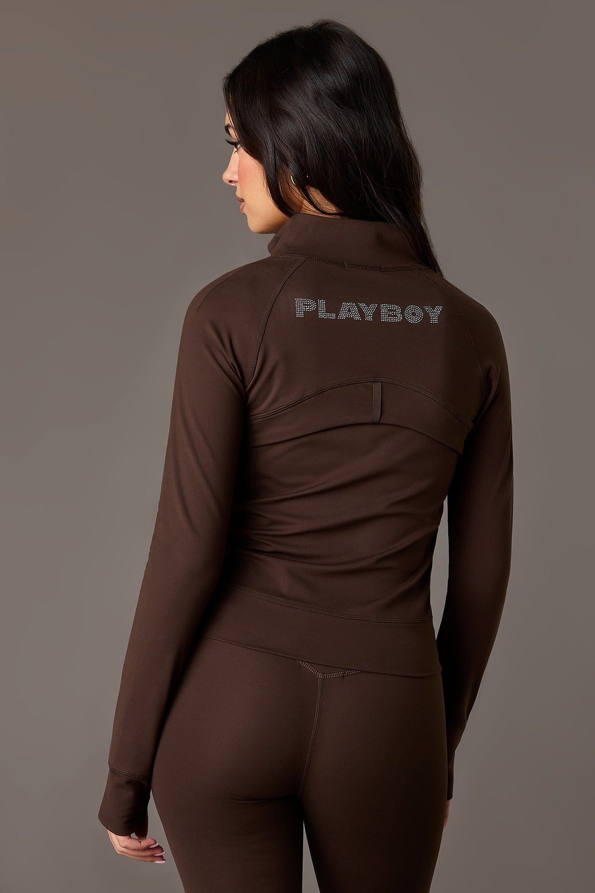 Playboy High Density Rhinestone 2 Way Zip Jacket - Brown