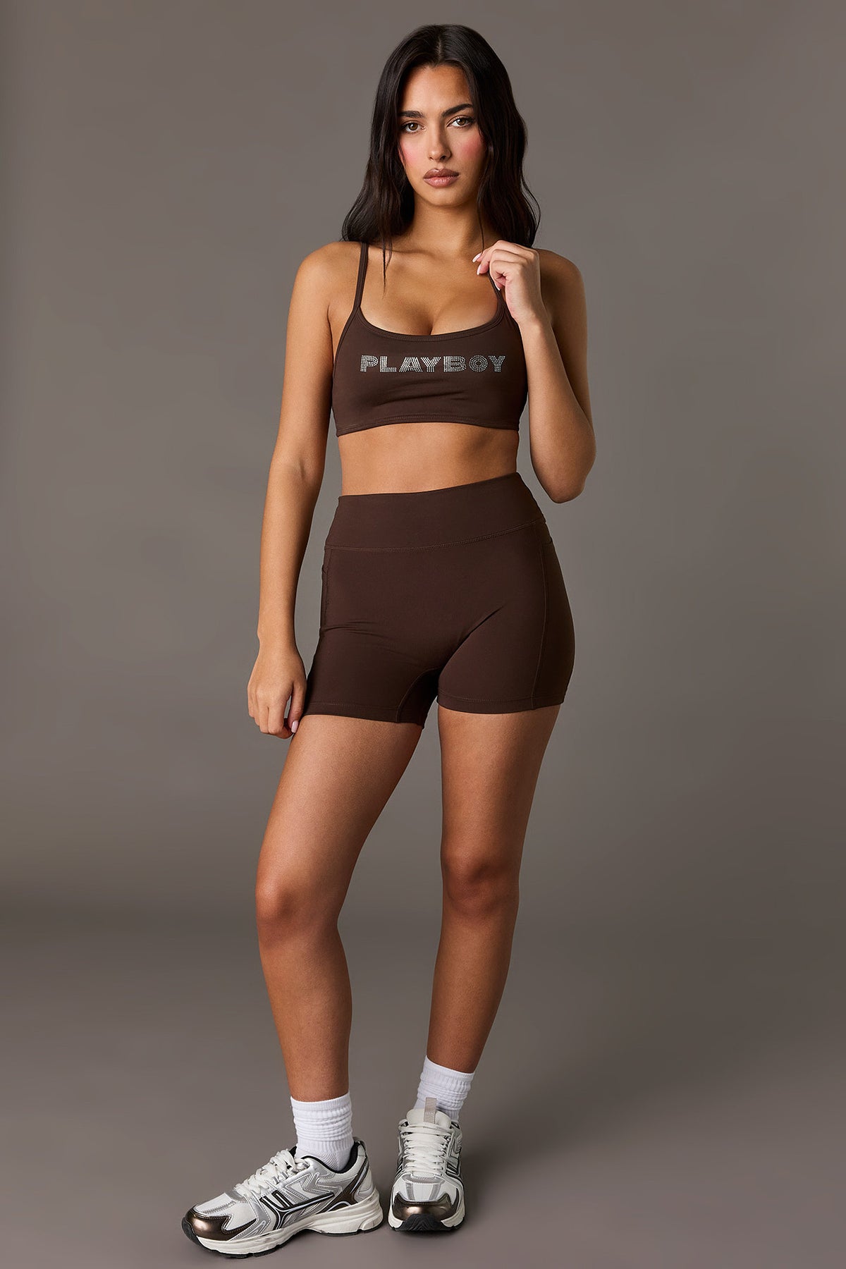 Alt View 3. Playboy Active High Density Rhinestone Short 4" - Brown