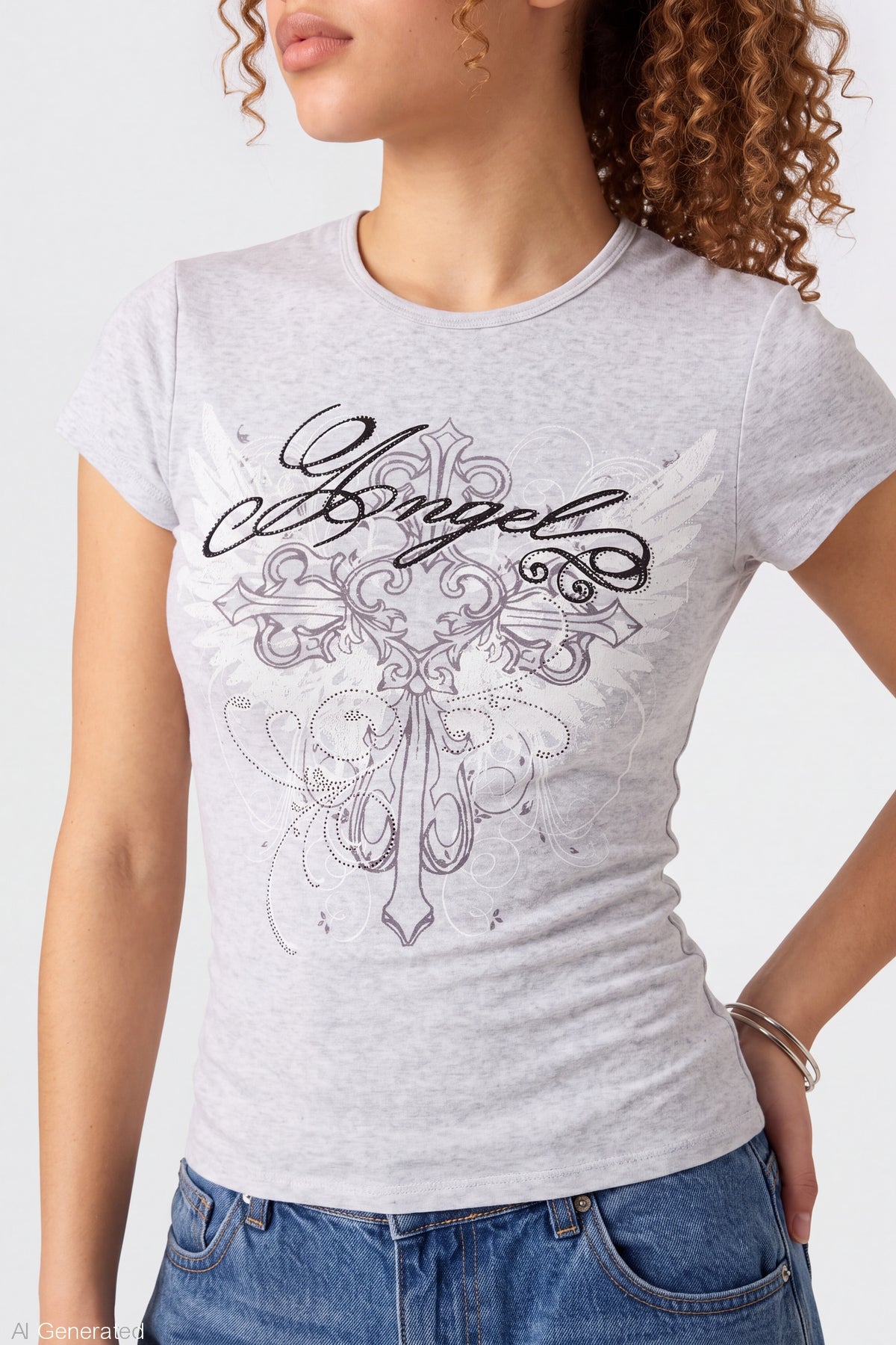 Alt View 4. Gothic Graphic Fitted Tee - Light Grey
