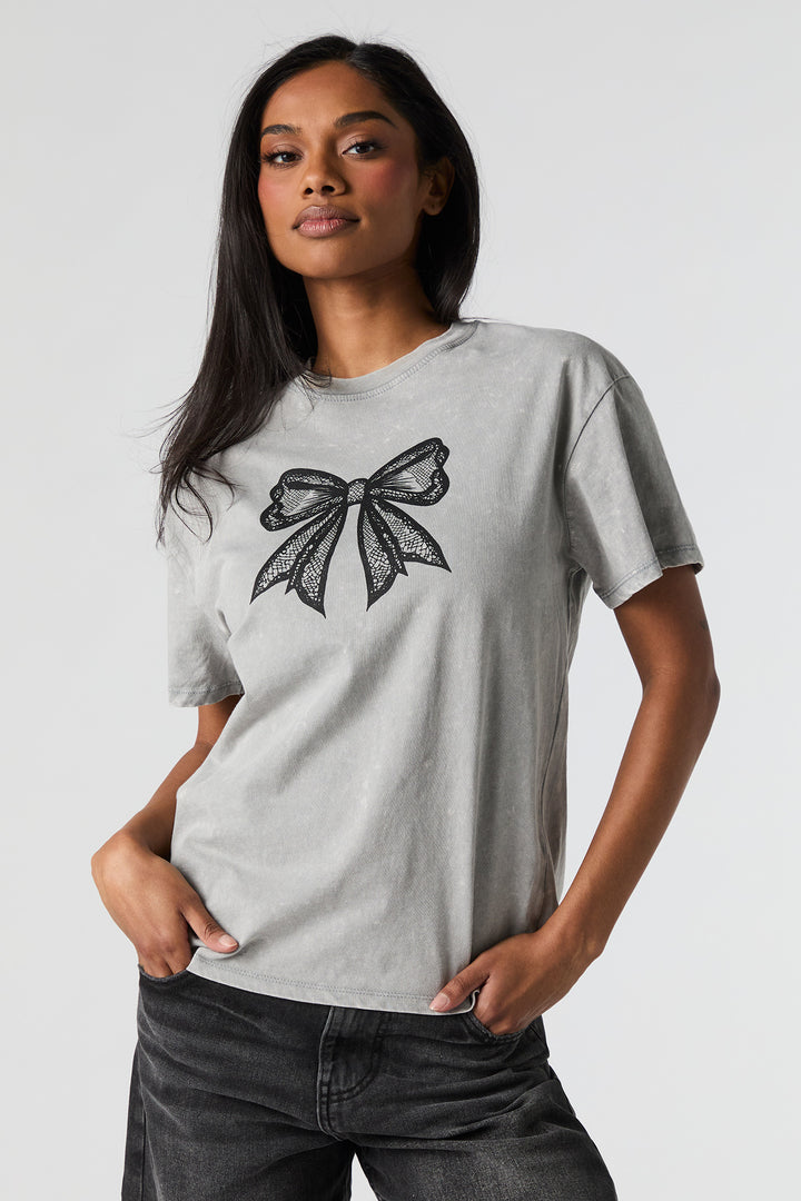 Bow Graphic Washed Boyfriend T-Shirt