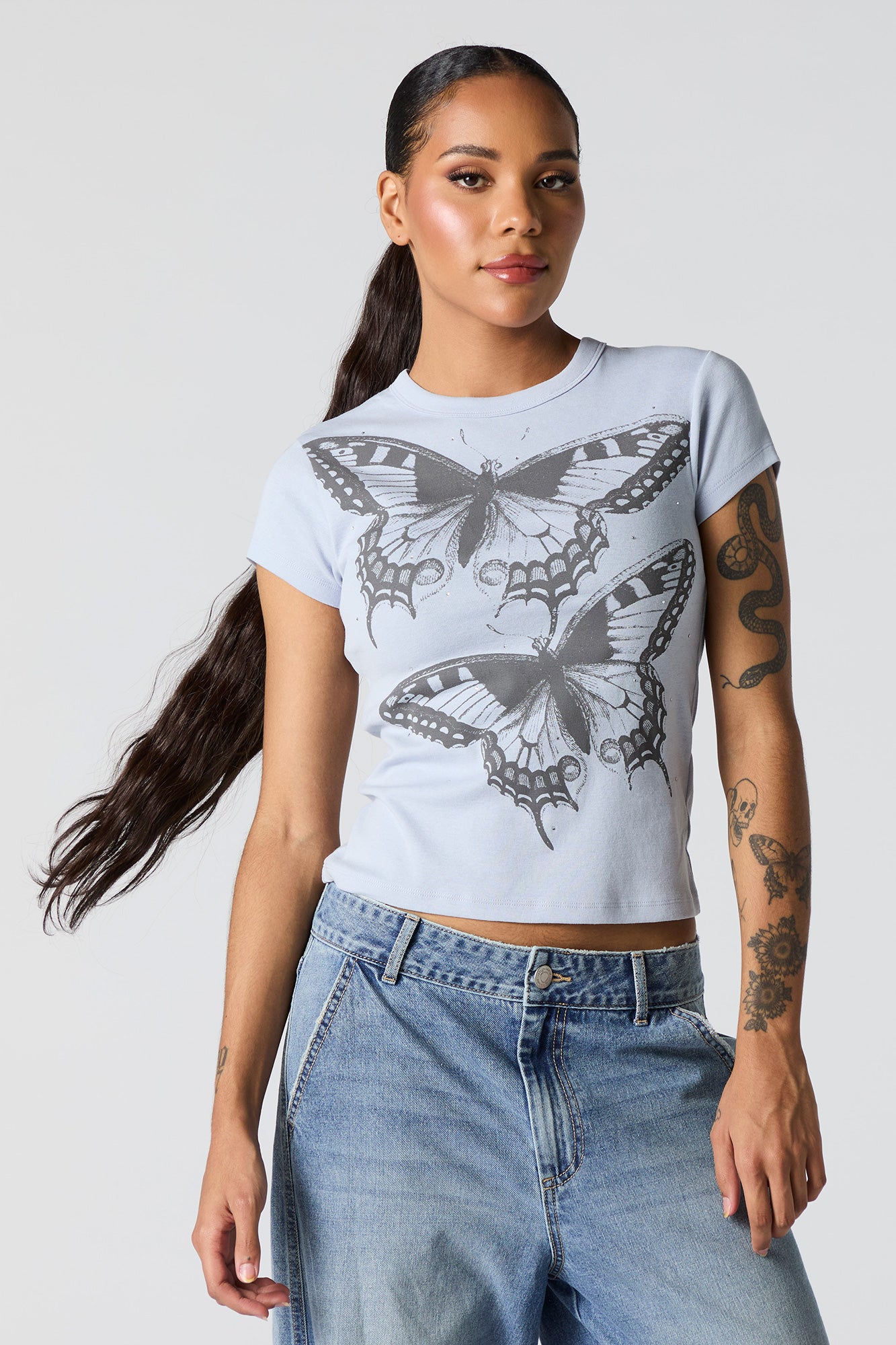 Rhinestone Butterfly Graphic Fitted T-Shirt