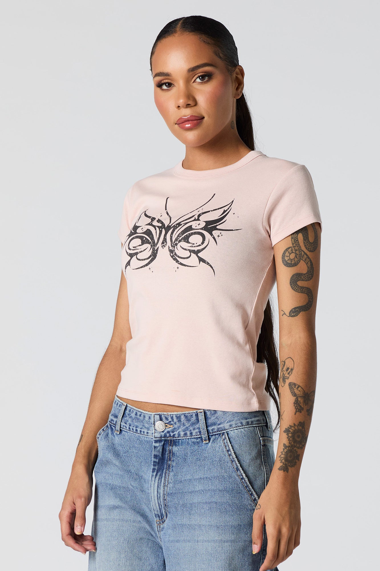 Rhinestone Distressed Butterfly Graphic Fitted T-Shirt