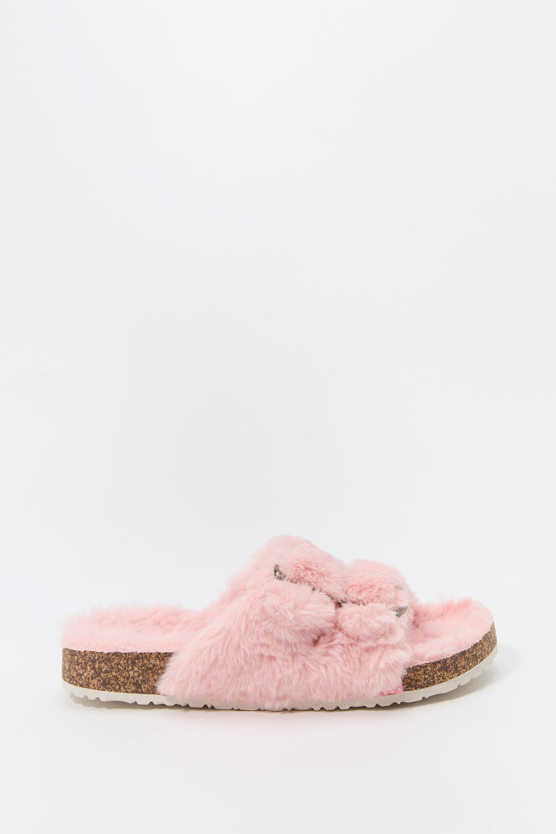 Faux Fur Buckled Cork Slide