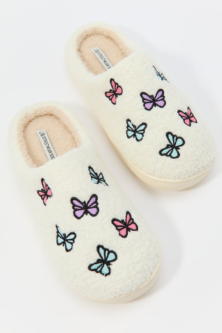 Butterfly Embroidered Sherpa Slipper