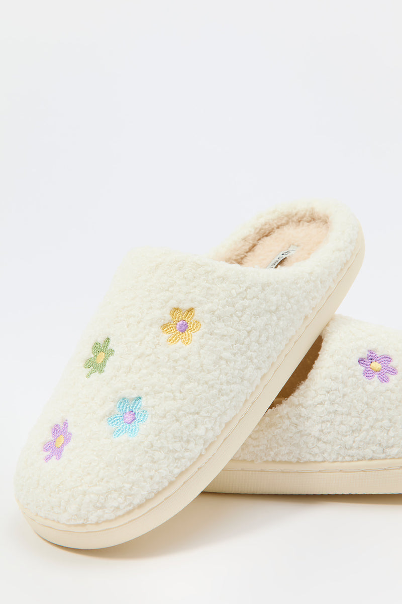 Flower Embroidered Sherpa Slipper