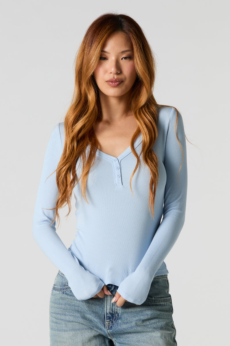 Ribbed Henley Long Sleeve Top