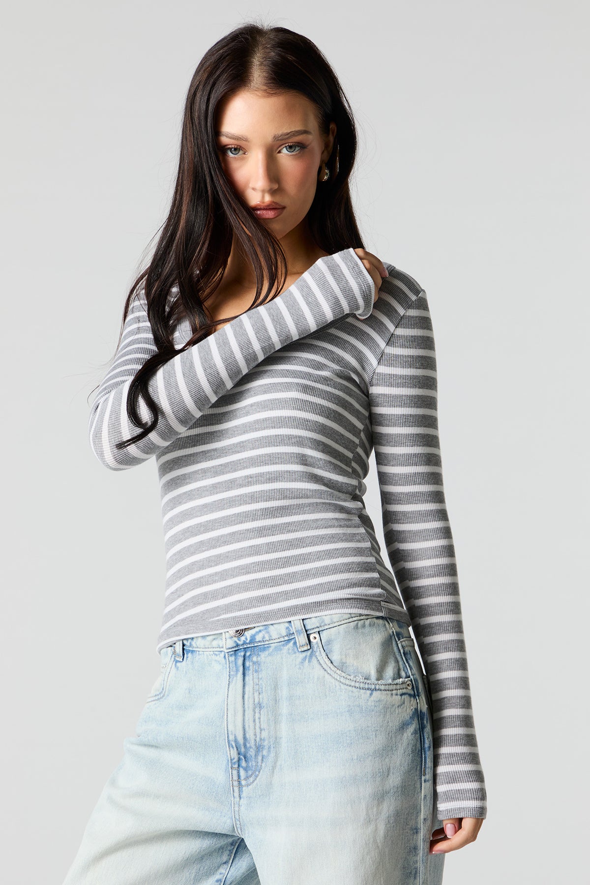 Ribbed Scoop Neck Long Sleeve Top